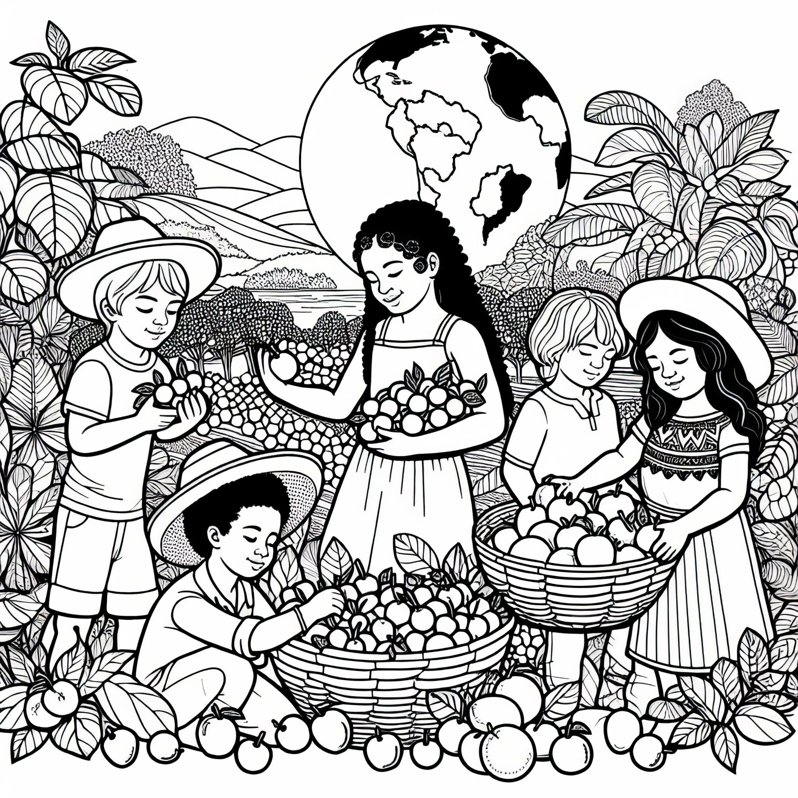 Kinder pflücken Früchte in tropischem Garten – Ausmalbild aus Südamerika gratis