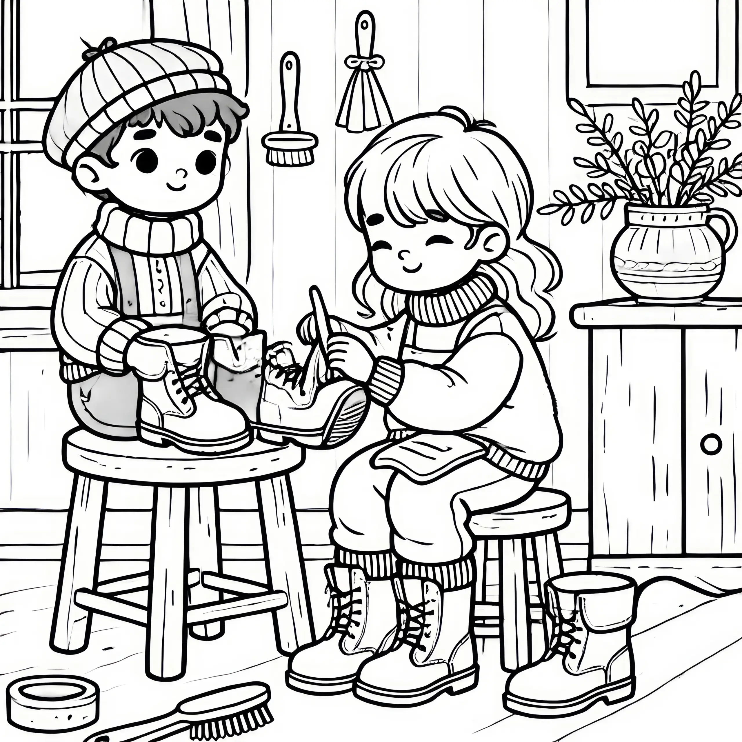 Kinder putzen Stiefel für Nikolaus – Ausmalbild
