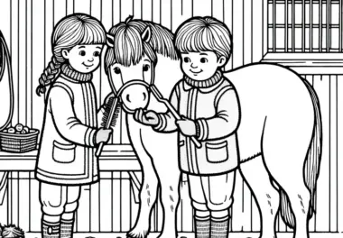Kinder putzen und striegeln ein Pferd im Stall – Ausmalbild kostenlos