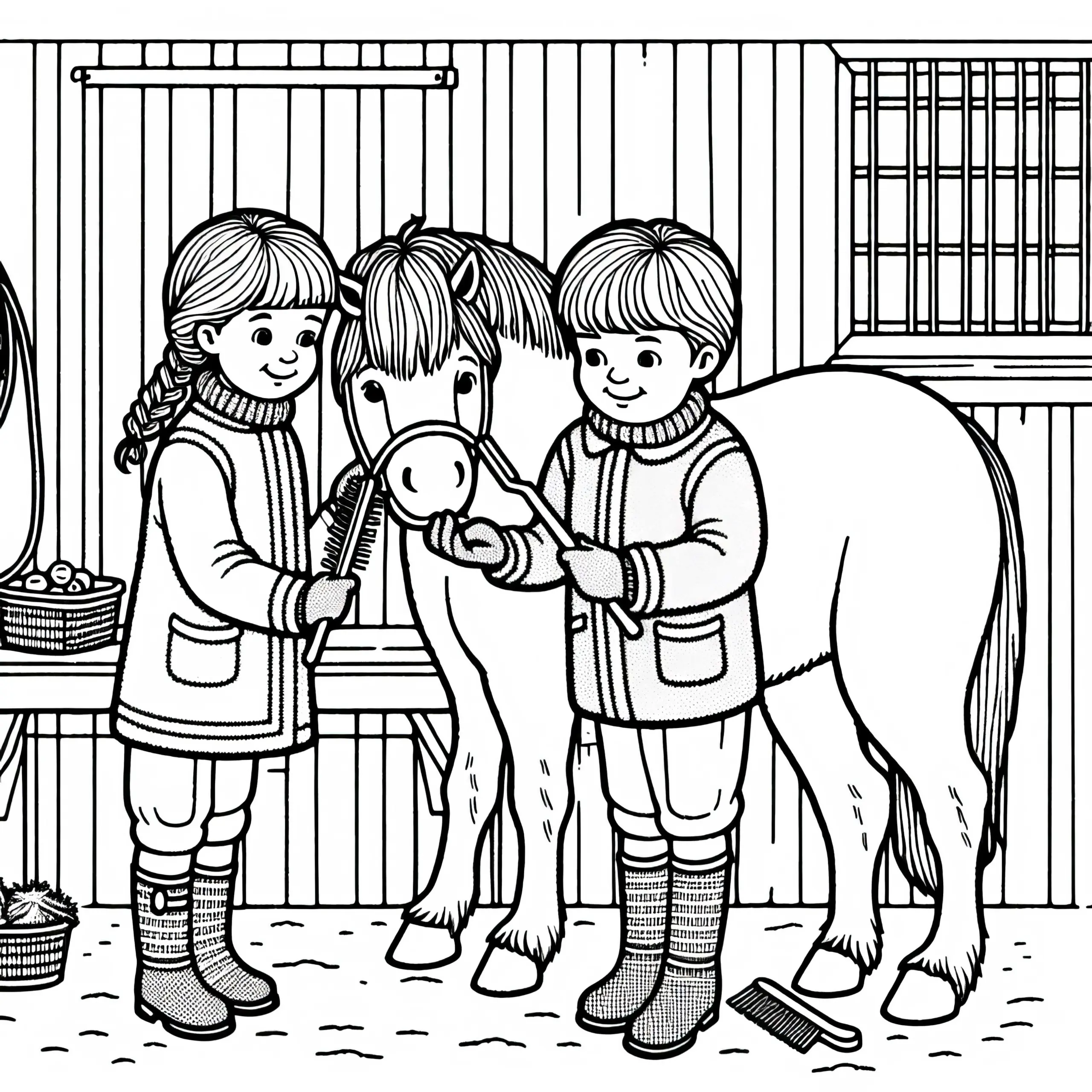 Kinder putzen und striegeln ein Pferd im Stall – Ausmalbild kostenlos