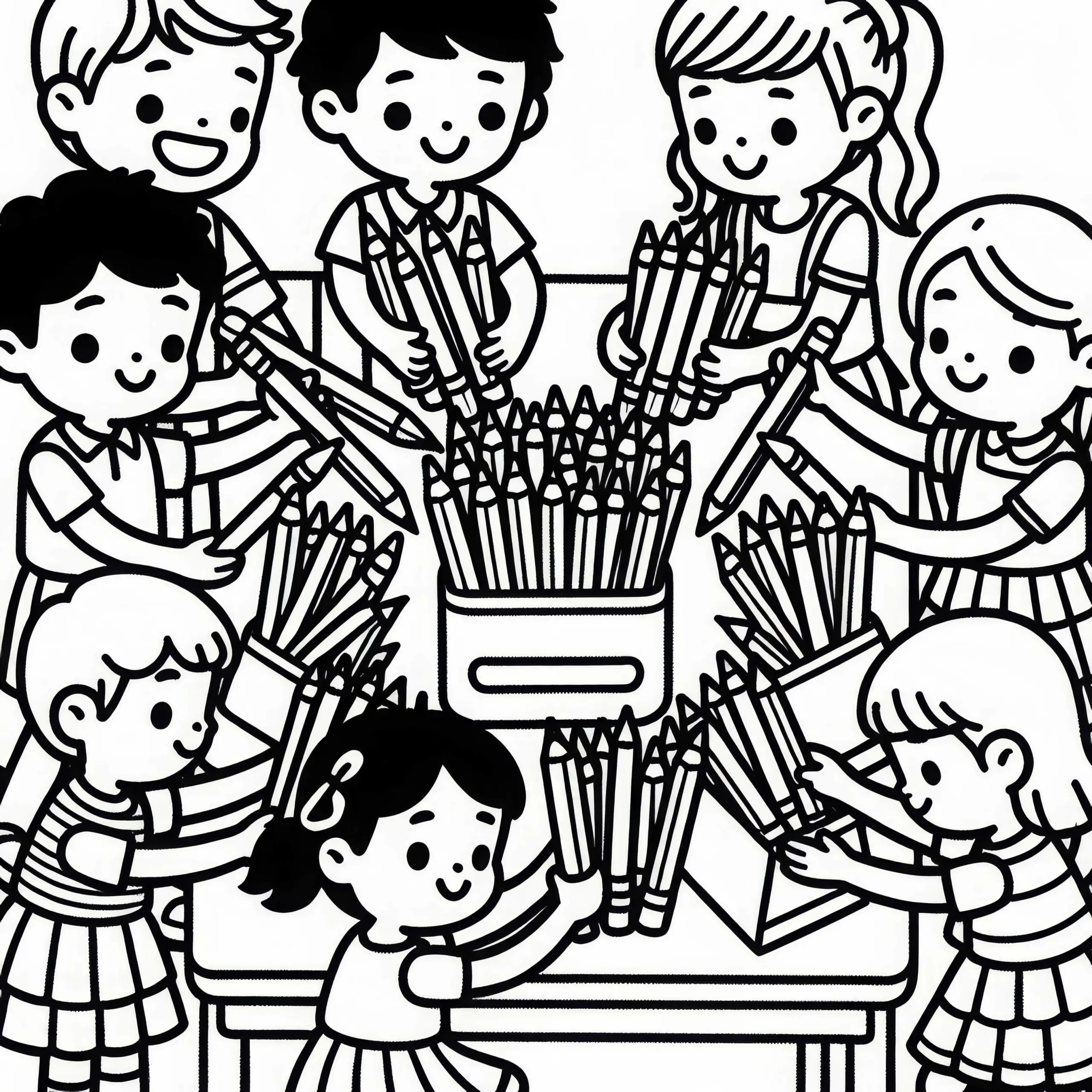 Kinder räumen gemeinsam Stifte auf – Ausmalbild gratis