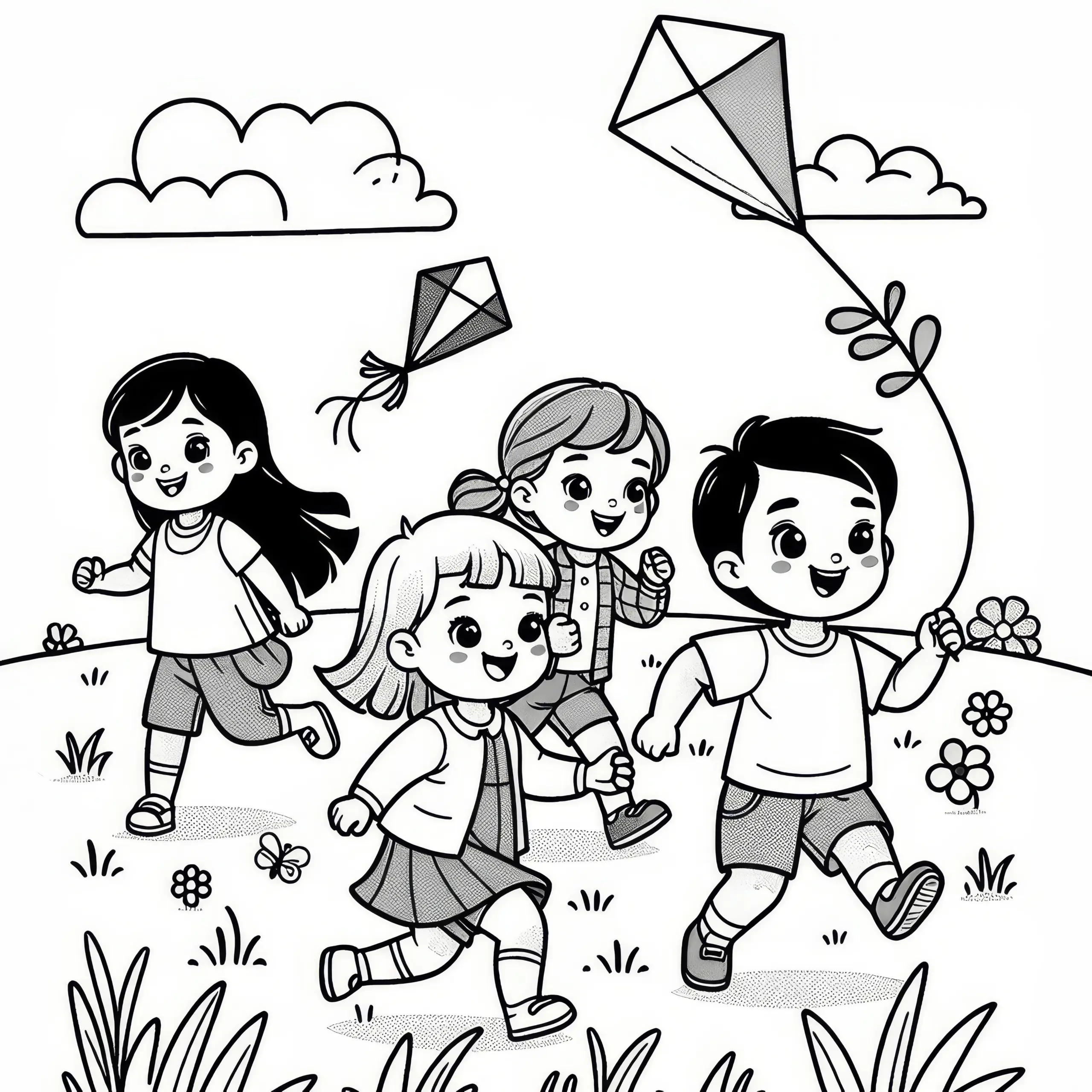 Kinder rennen mit Drachen über Wiese: Einfache Malvorlage zum Kindertag (Kostenlos) (Ausmalbild)