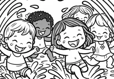 Kinder Rennen Lachend Vor Wasserstrahlen – Ausmalbild Gratis