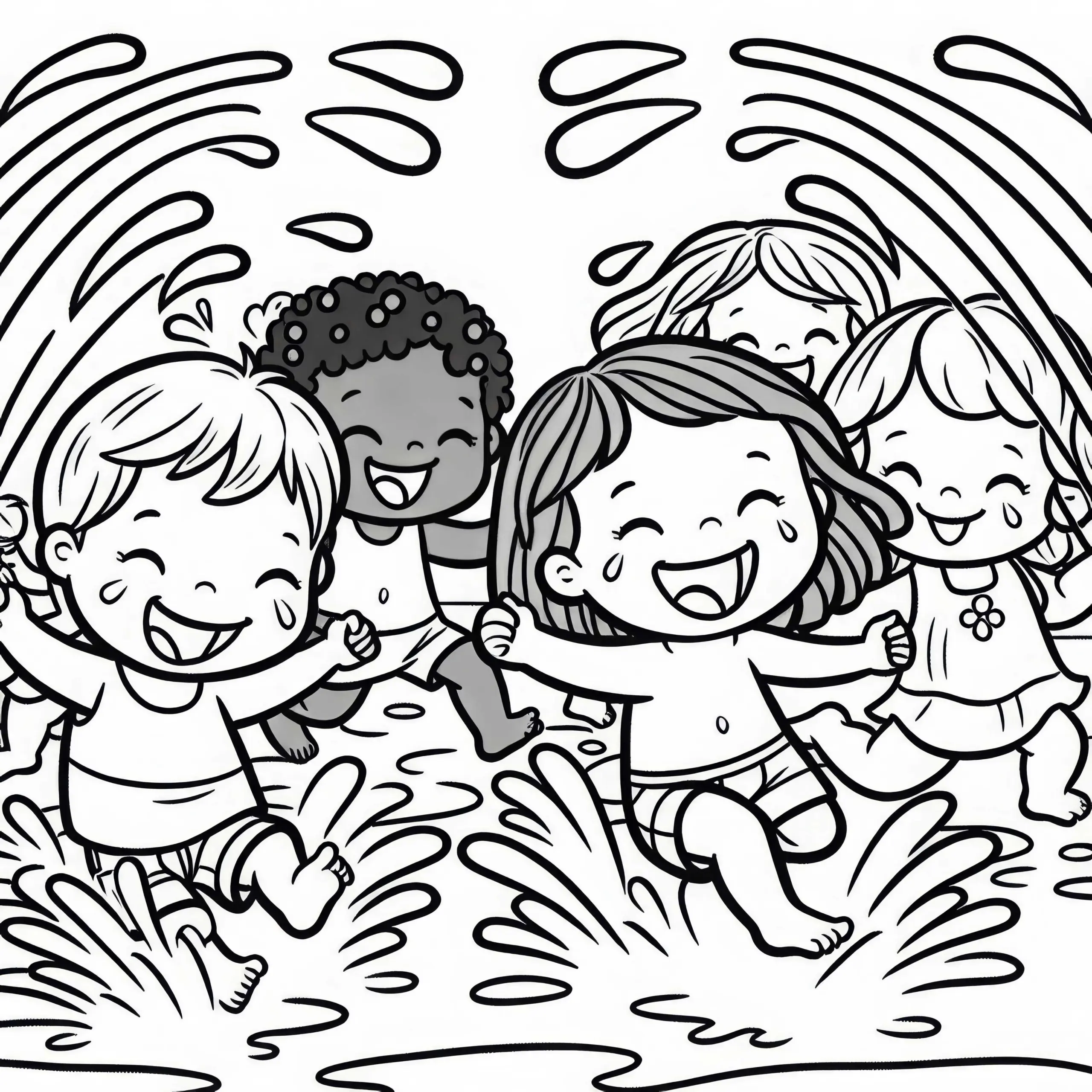 Kinder Rennen Lachend Vor Wasserstrahlen – Ausmalbild Gratis