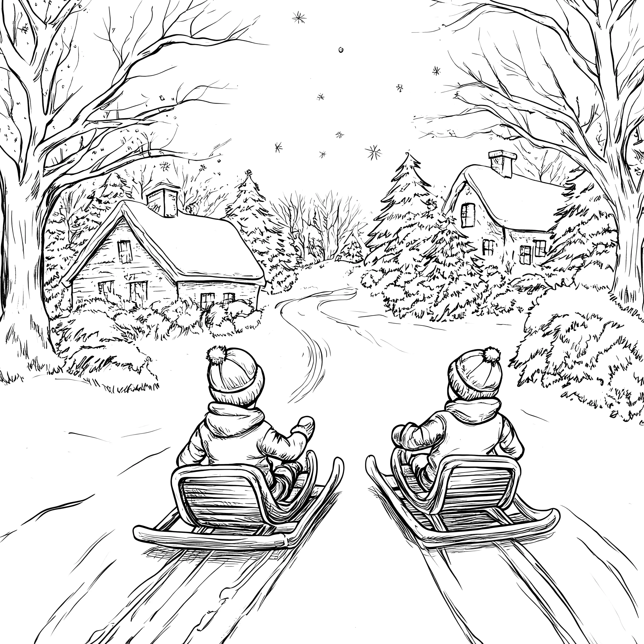 Kinder rodeln im Winterdorf: Ausmalbild gratis