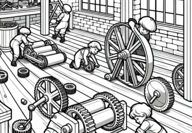 Kinder rollen kleine Zahnräder über Holzboden in Werkstatt – Malvorlage Industrielle Revolution gratis