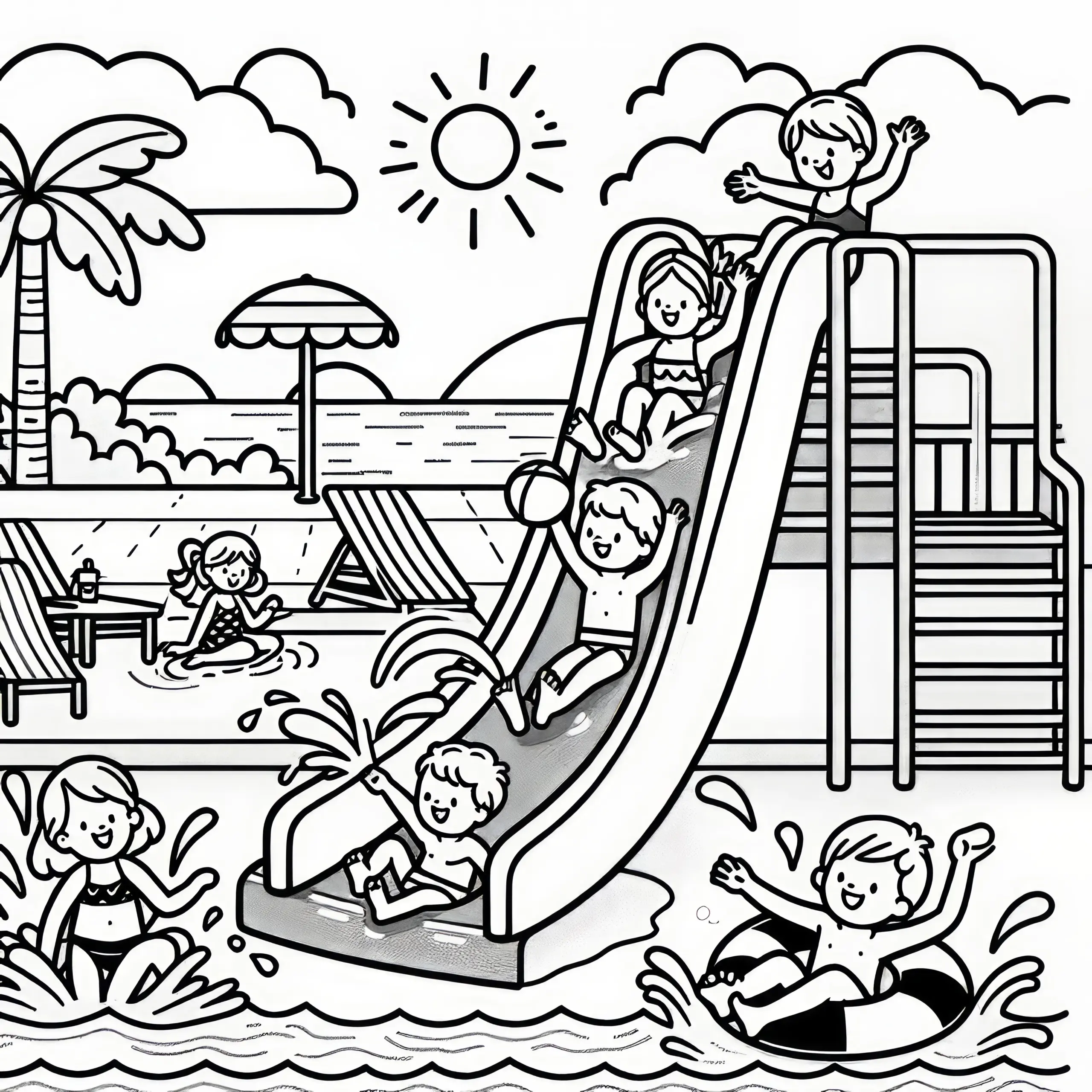 Kinder auf Rutsche und im Pool: Badespaß als Malvorlage (Gratis) (Ausmalbild)