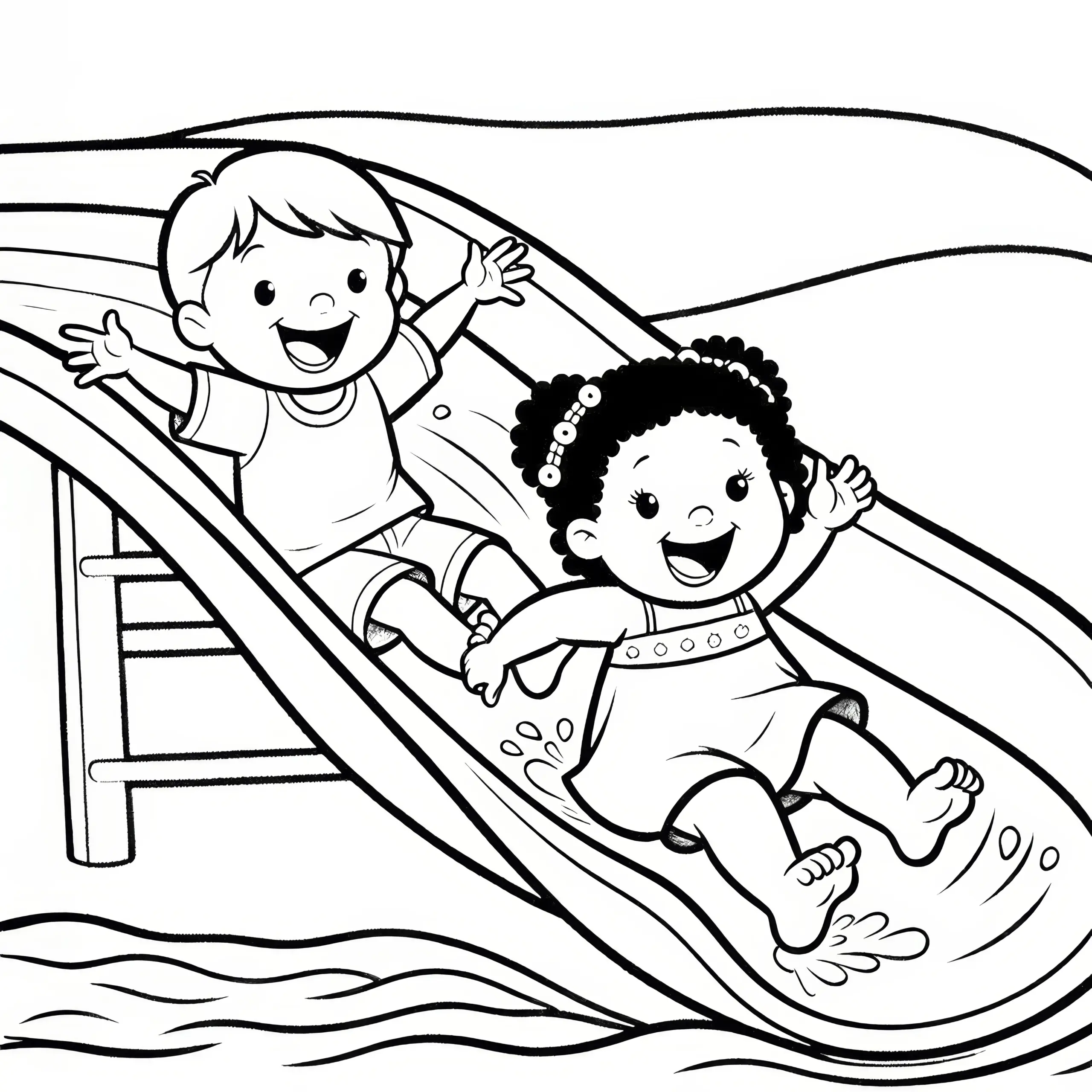 Kinder rutschen durch Wasserrutsche im Juli: Ausmalbild zum Herunterladen (Gratis)