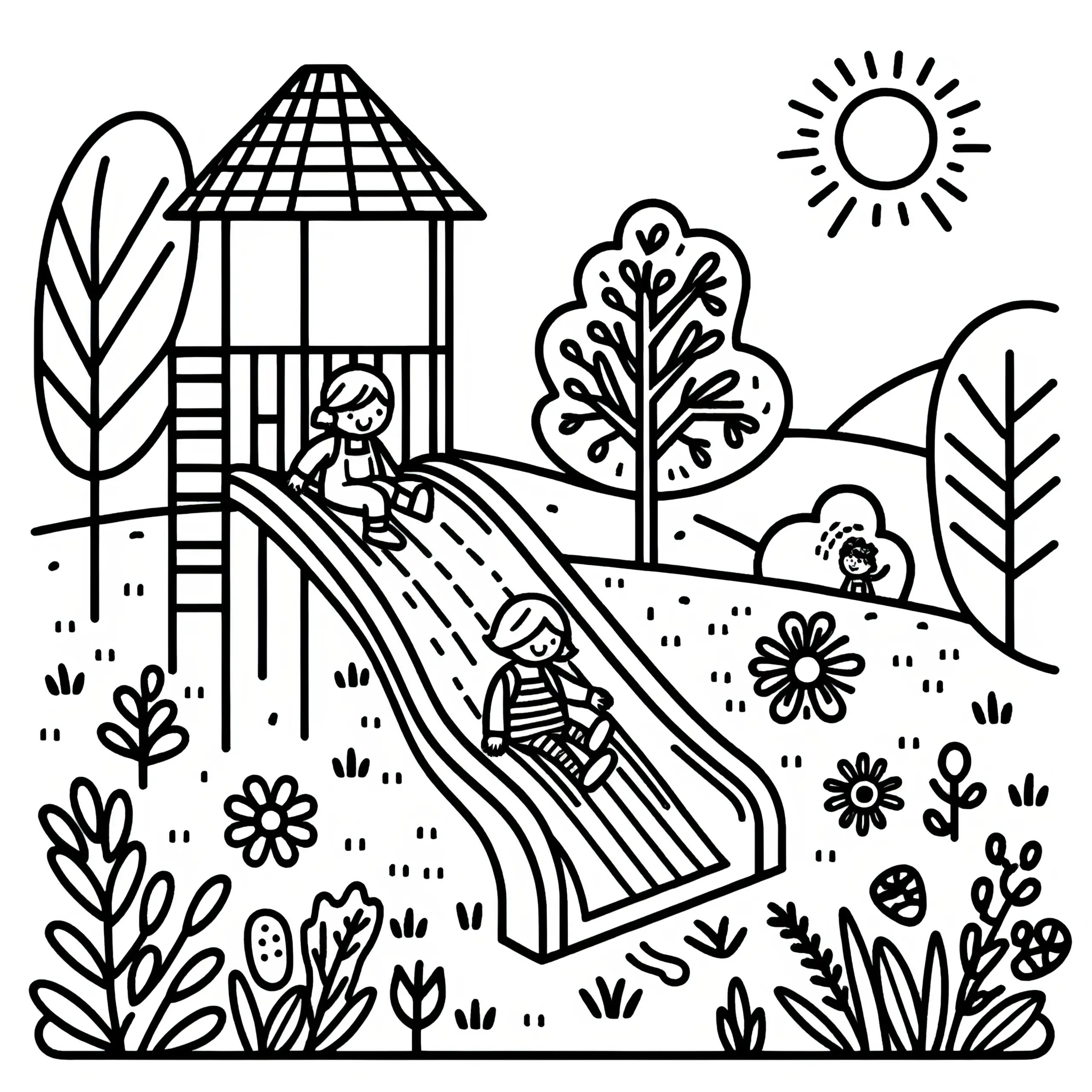 Kinder beim Rutschen auf Spielplatz: Ausmalbild zum Herunterladen (Gratis)