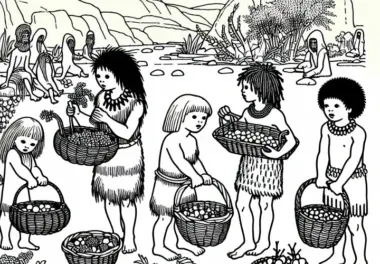 Kinder sammeln Beeren und Nüsse in Körben – Malvorlage Urgeschichte gratis