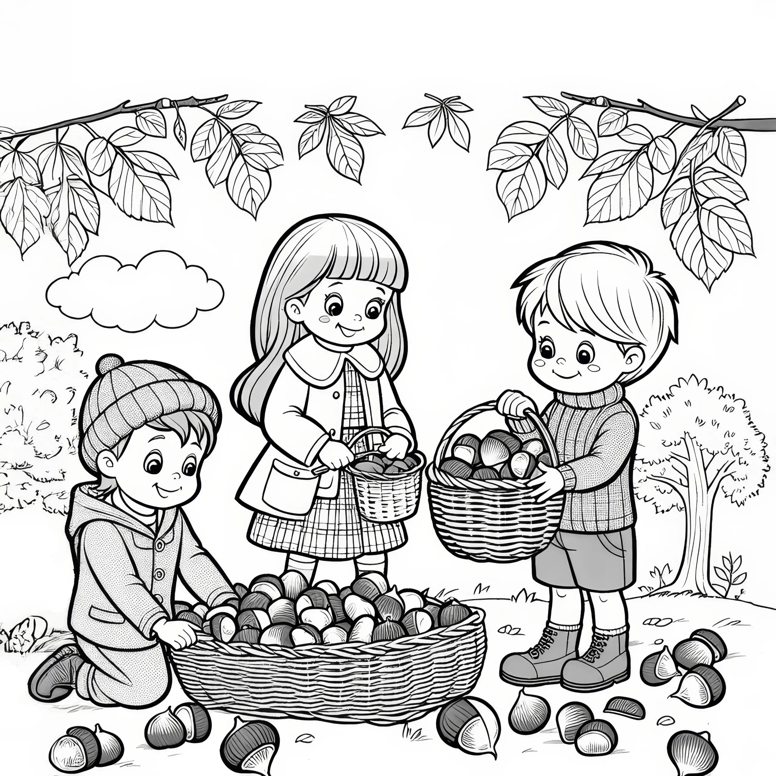 Kinder beim Sammeln von Kastanien zum Erntedankfest: Einfache Malvorlage zum Download (Kostenlos) (Ausmalbild)