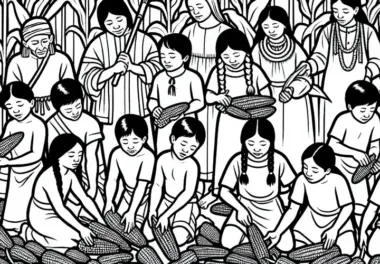 Kinder sammeln Maiskolben auf dem Feld – Ausmalbild Indianer kostenlos