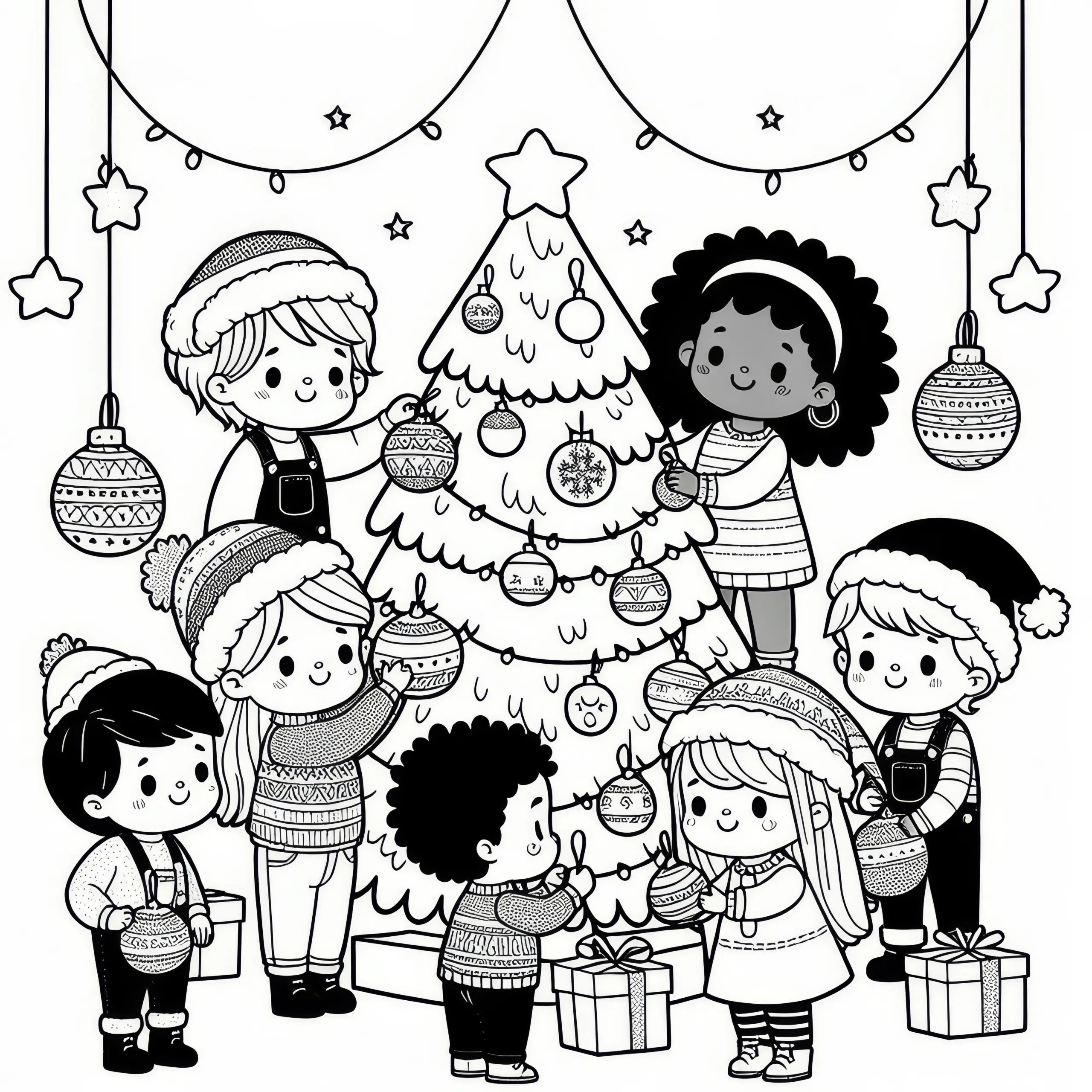 Kinder schmücken Weihnachtsbaum mit Kugeln im Dezember: Ausmalbild zum Download (Kostenlos)
