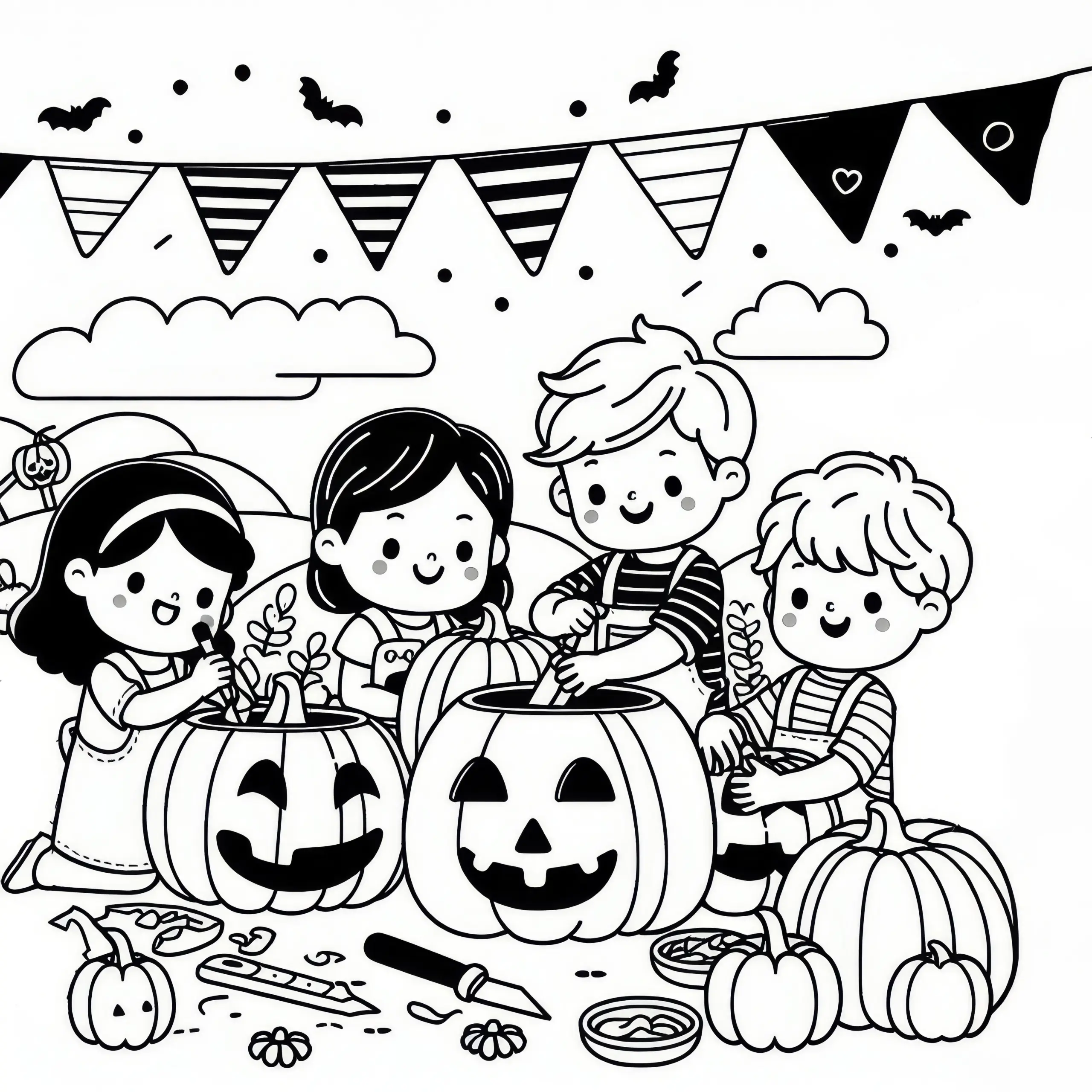 Kinder schnitzen Kürbisse für Halloween im Oktober: Ausmalbild zum Download (Kostenlos)