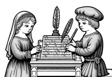Kinder schreiben Buchstaben mit Federkiel – Ausmalbild von Karl dem Großen kostenlos