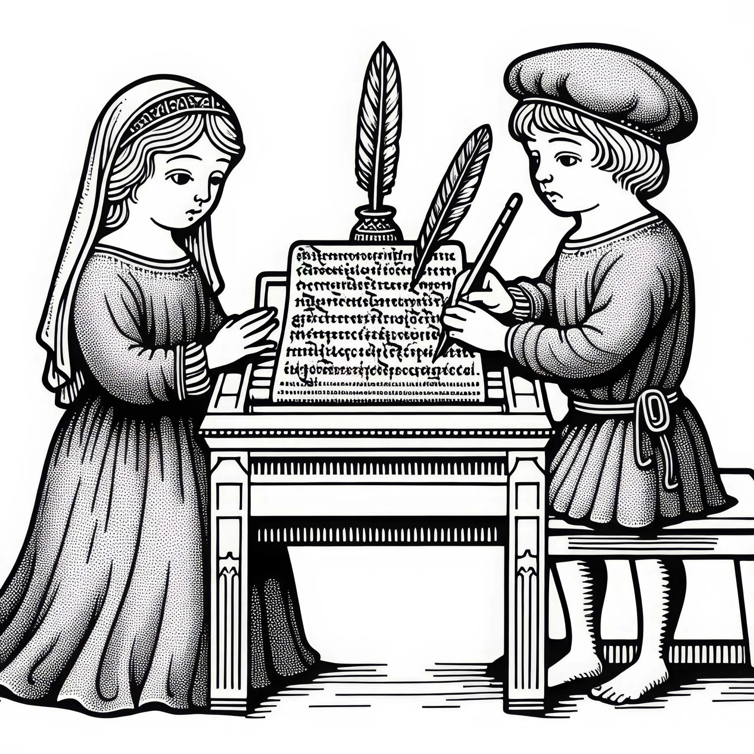 Kinder schreiben Buchstaben mit Federkiel – Ausmalbild von Karl dem Großen kostenlos