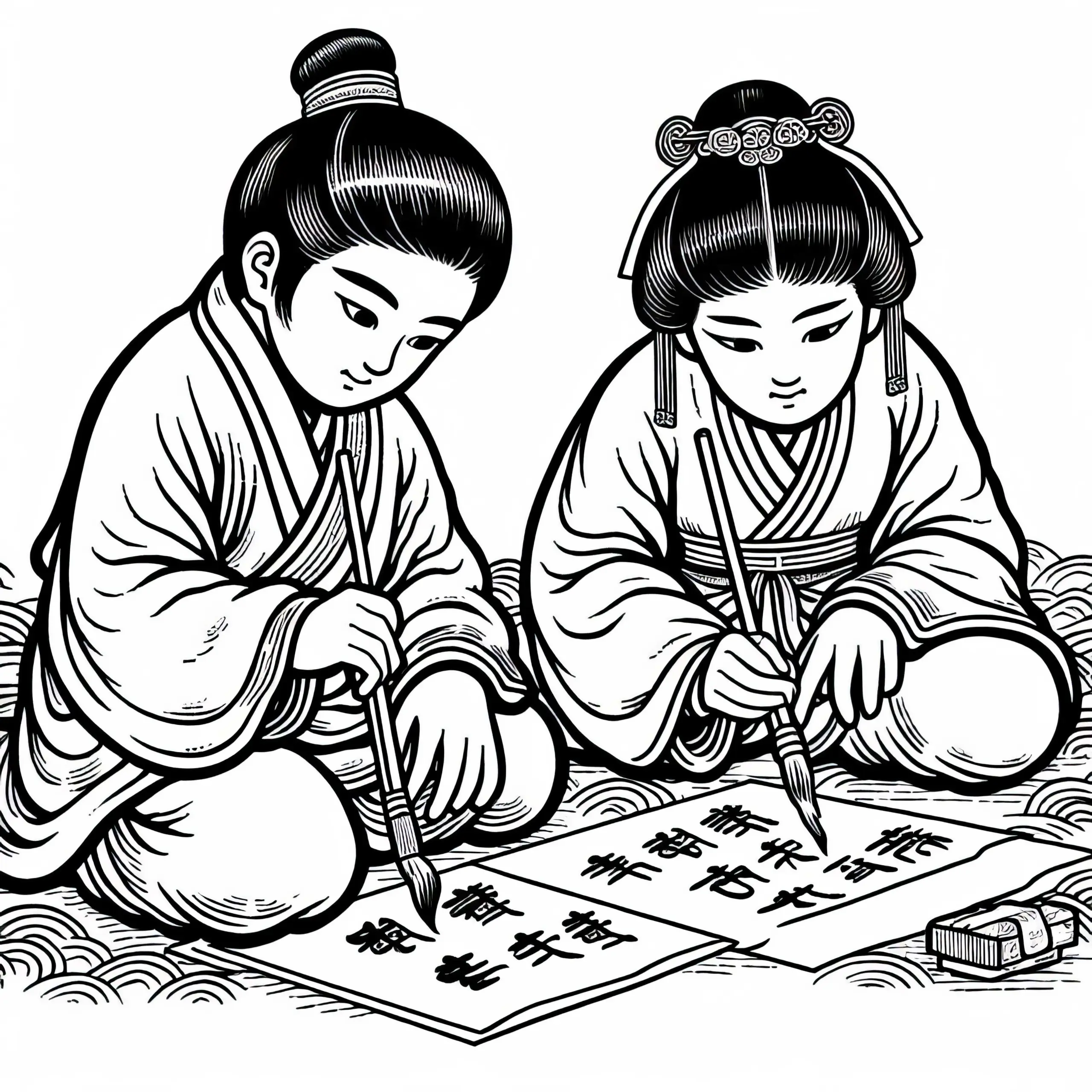 Kinder schreiben Zeichen mit Pinsel auf Reispapier – Ausmalbild Altes China gratis