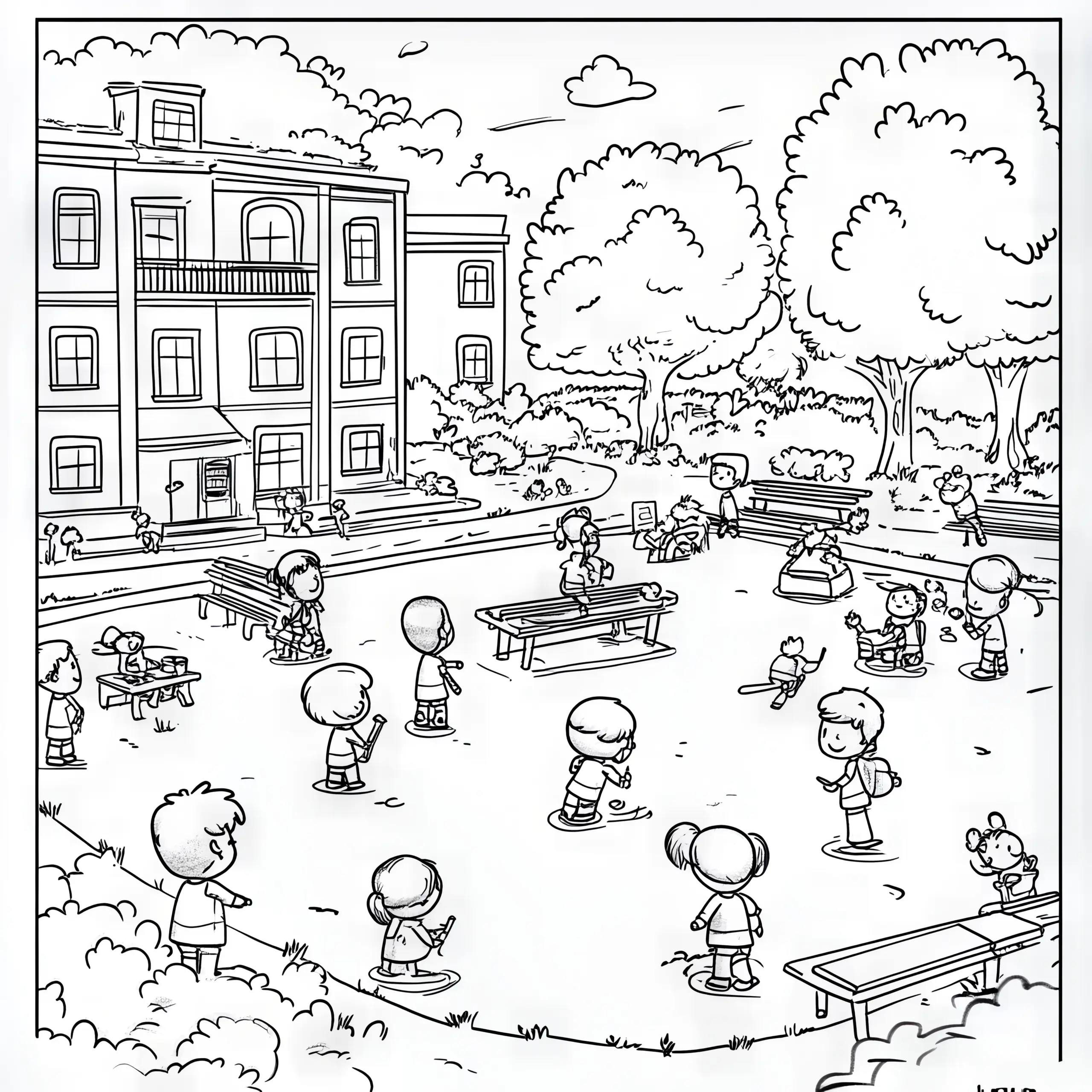 Kinder auf dem Schulhof: Wimmelbild zum Download (Gratis) (Ausmalbild)