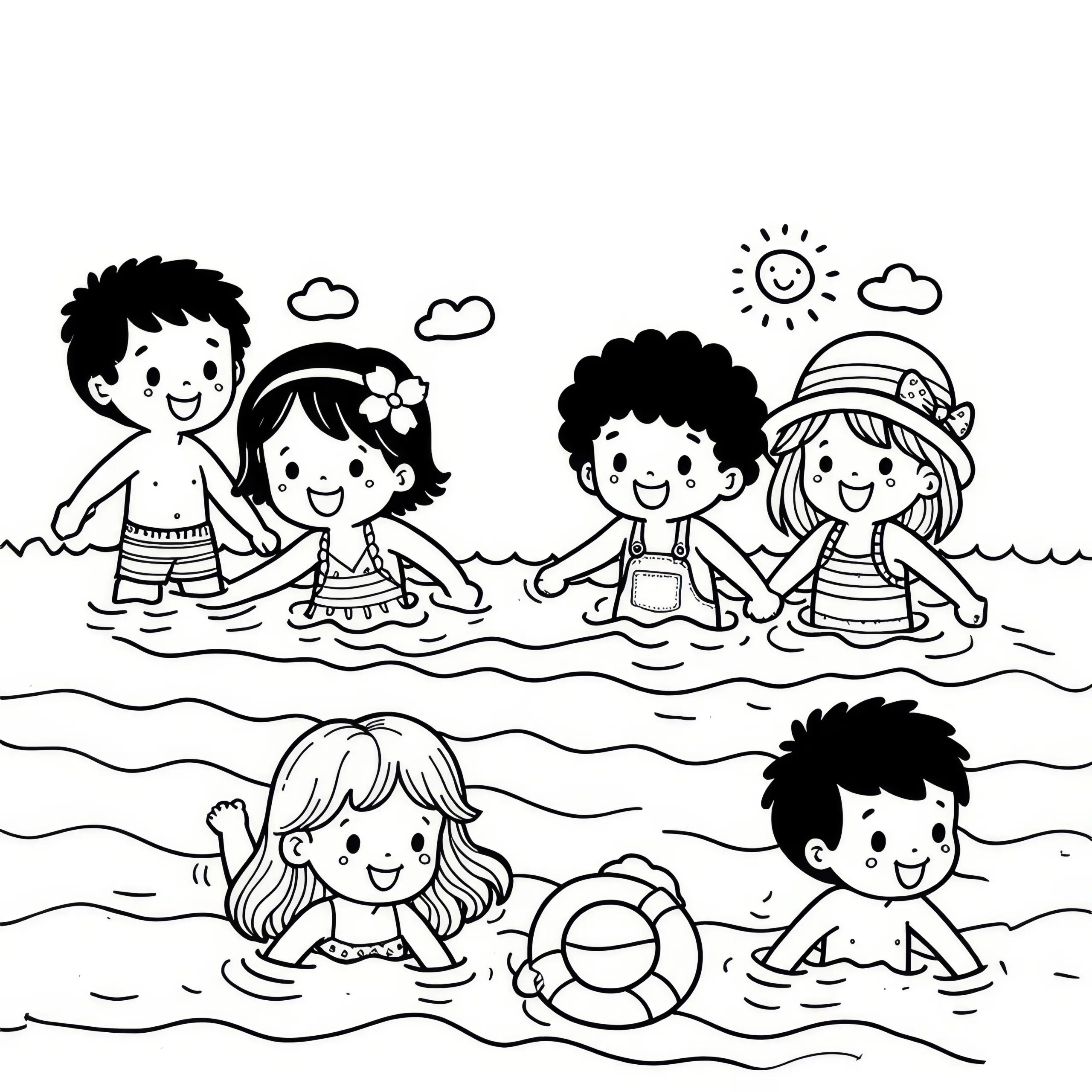 Kinder schwimmen im Juli im Meer: Gratis Malvorlage zum Download (Ausmalbild)