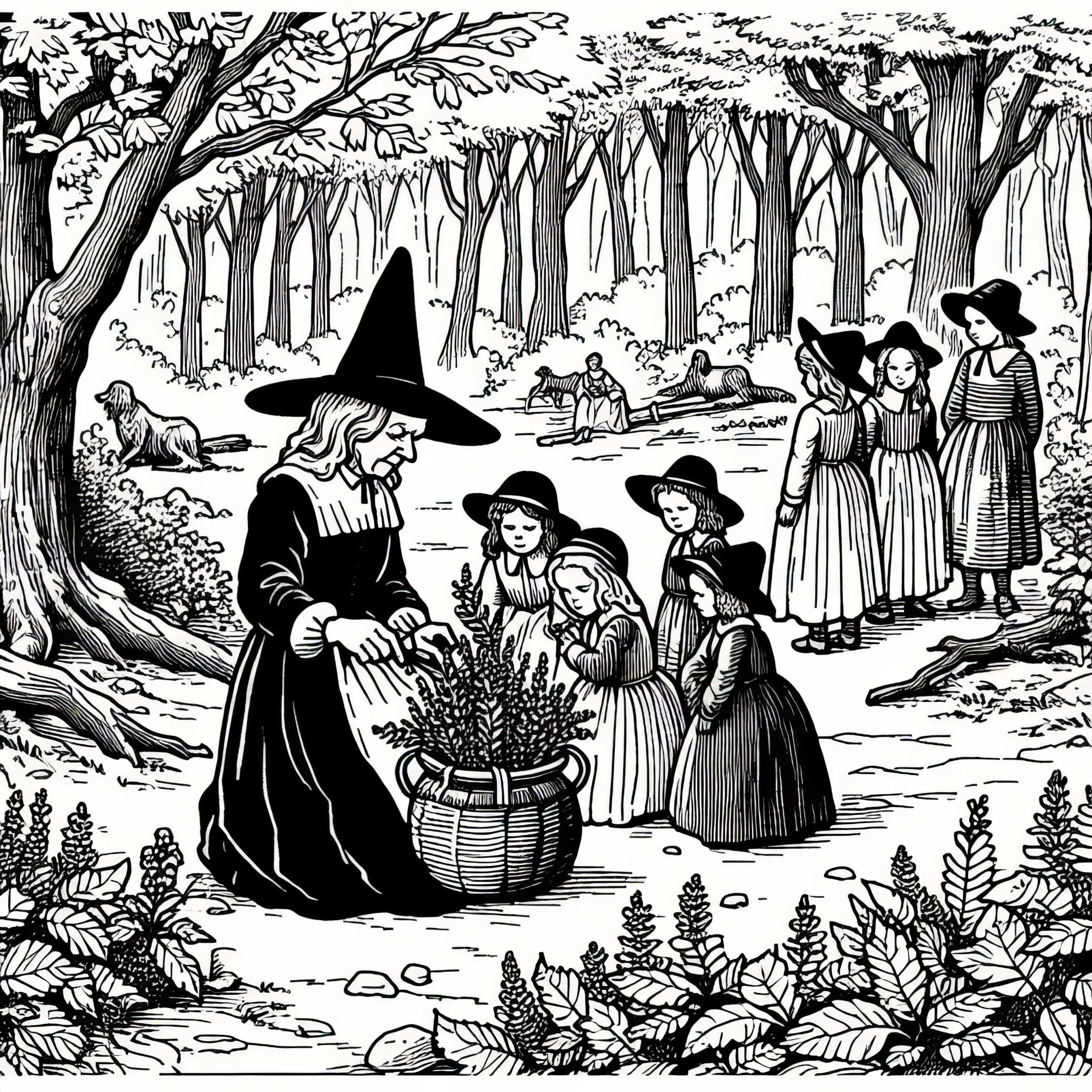 Kinder sehen alte Frau beim Sammeln von Kräutern im Wald für Malvorlage Hexenverfolgung kostenlos (Ausmalbild)