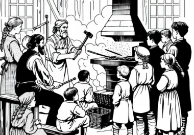 Kinder sehen Schmied bei der Arbeit in der Werkstatt – Ausmalbild Industrielle Revolution kostenlos