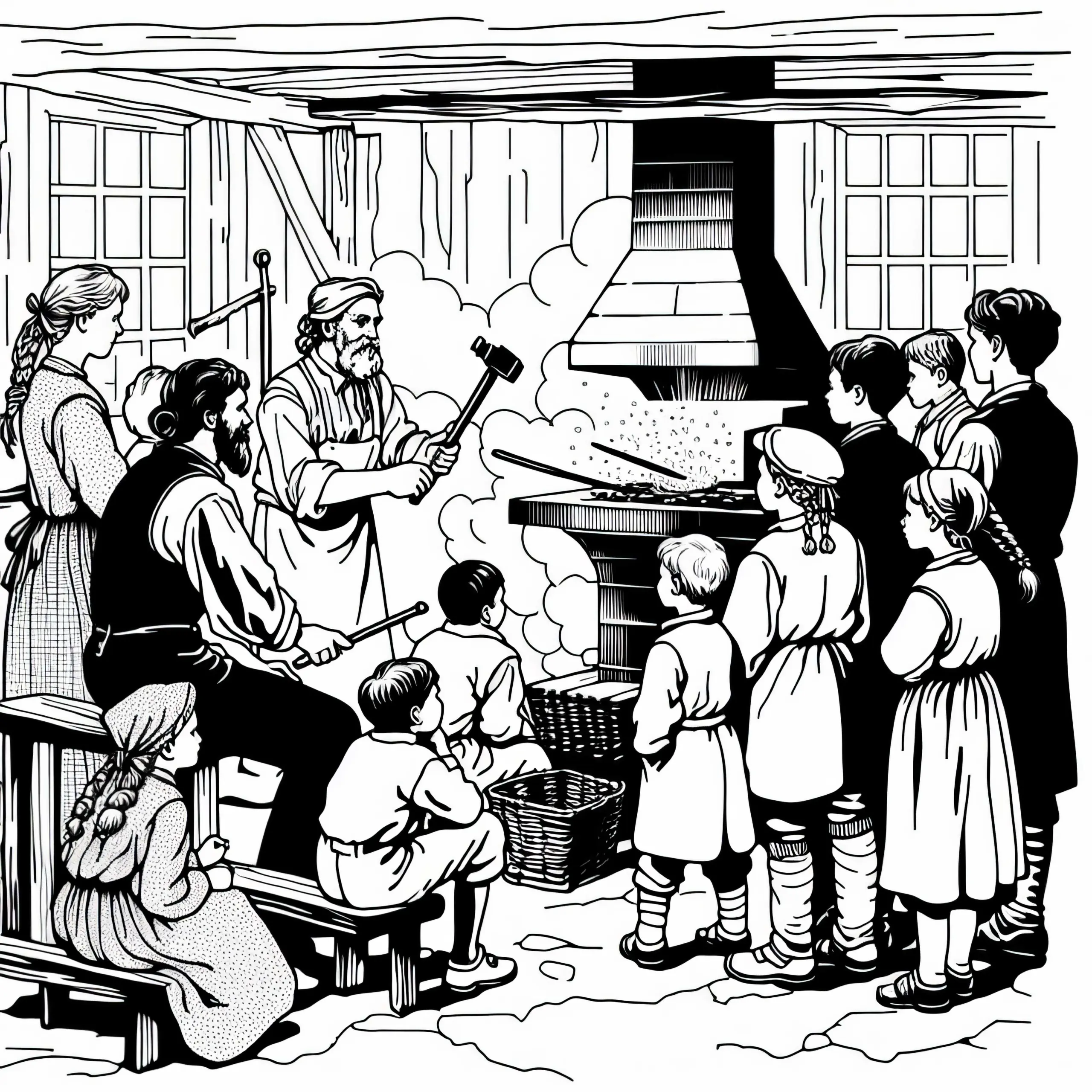 Kinder sehen Schmied bei der Arbeit in der Werkstatt – Ausmalbild Industrielle Revolution kostenlos