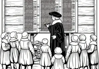Kinder sehen zu, wie das Holzschild mit Thesen bemalt wird – Ausmalbild Reformation kostenlos