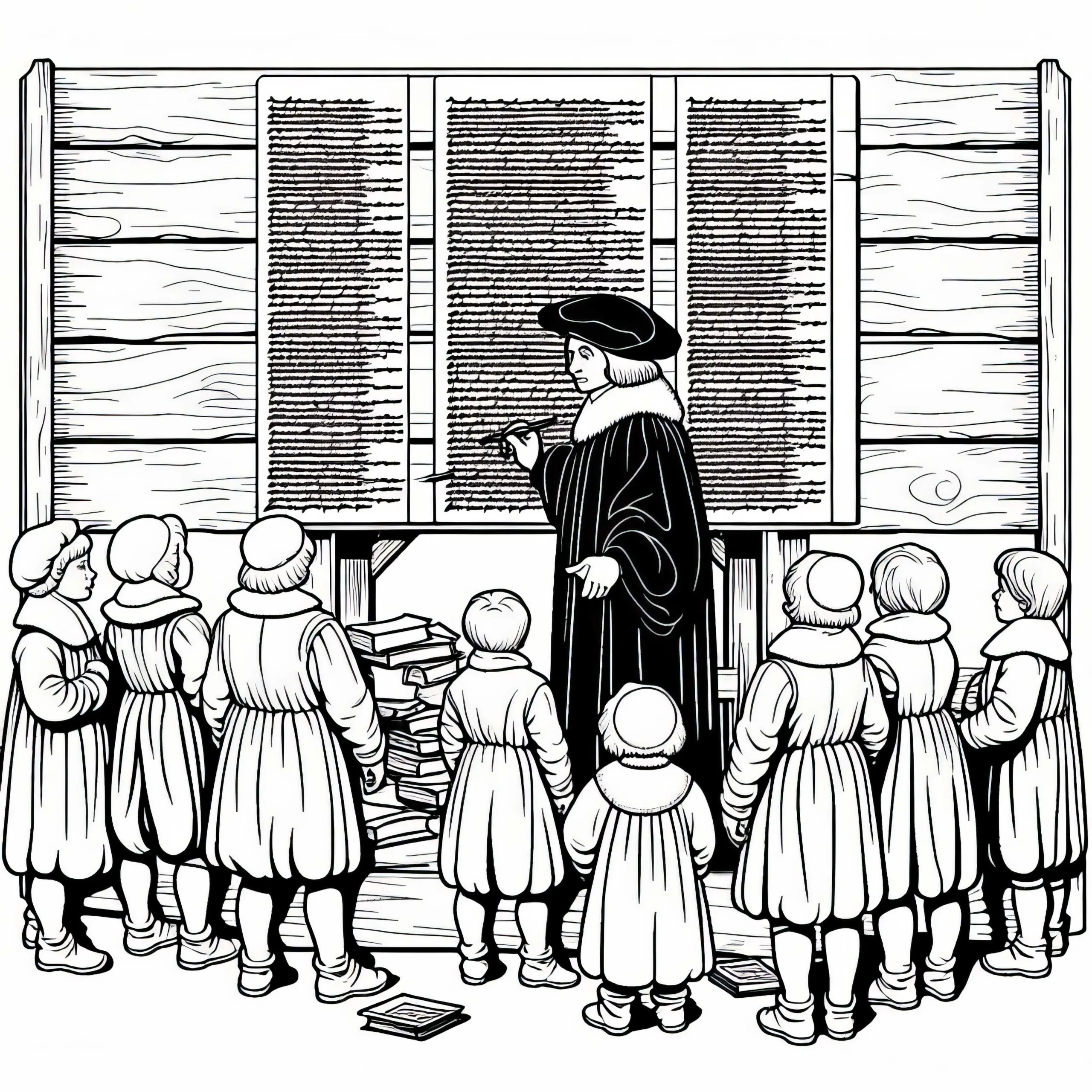 Kinder sehen zu, wie das Holzschild mit Thesen bemalt wird – Ausmalbild Reformation kostenlos