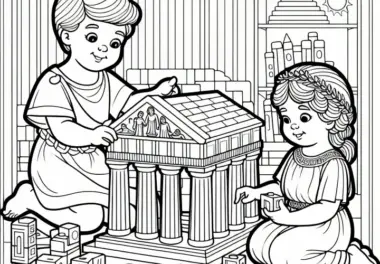 Kinder setzen kleinen Göttertempel aus Bausteinen zusammen – Ausmalbild römische Mythologie gratis