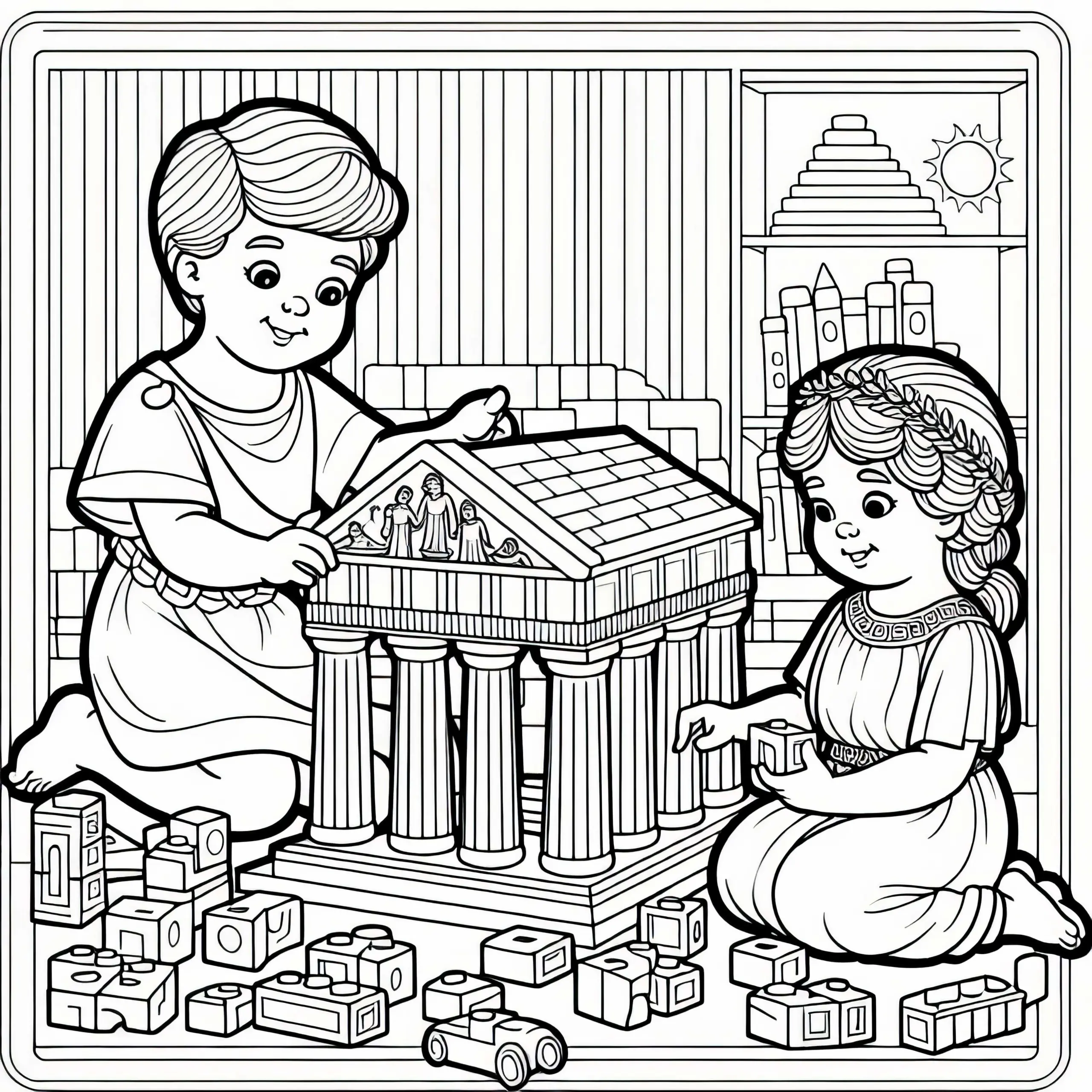 Kinder setzen kleinen Göttertempel aus Bausteinen zusammen – Ausmalbild römische Mythologie gratis