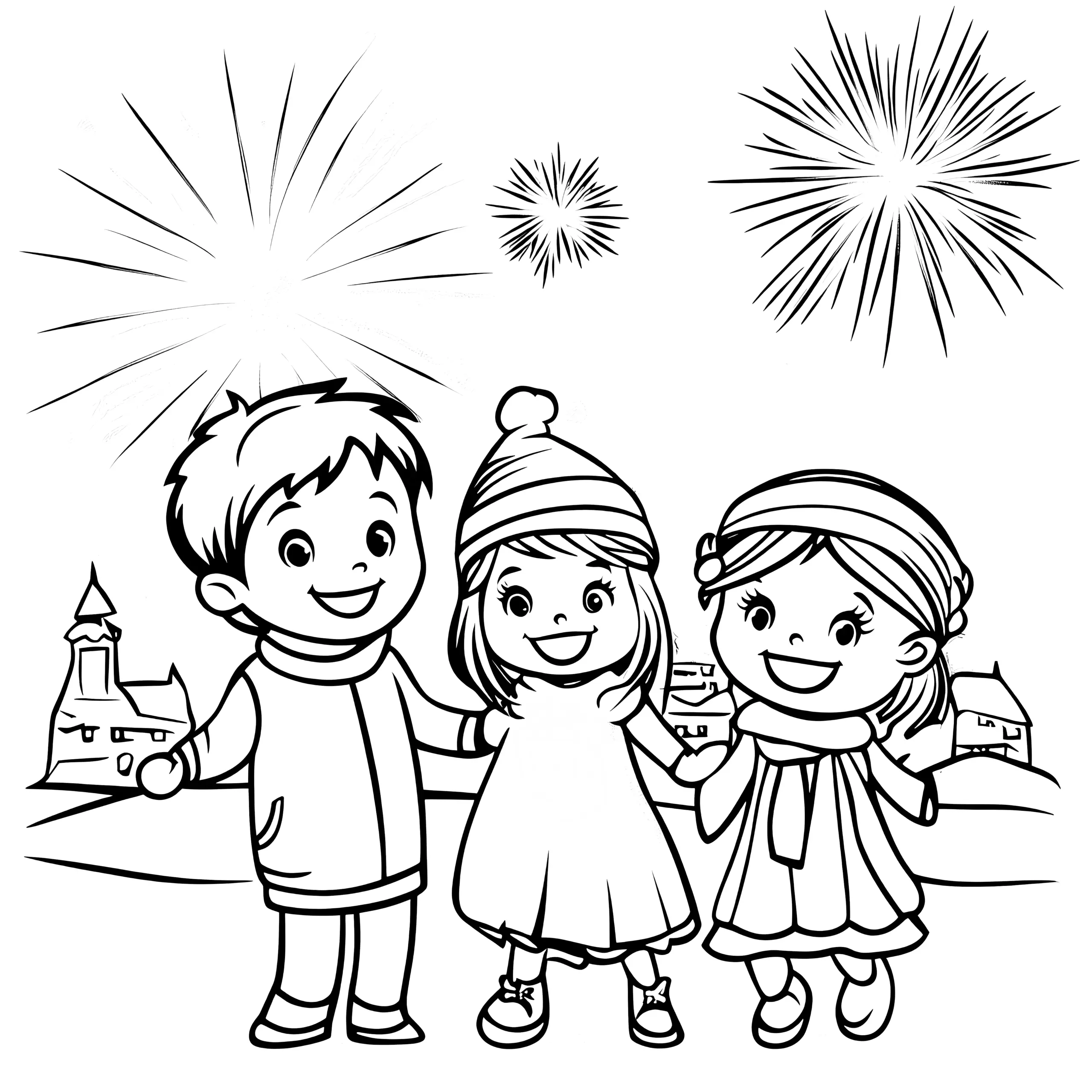 Kinder, Silvesterfeuerwerk & Kirche zum Ausmalen (Ausmalbild)