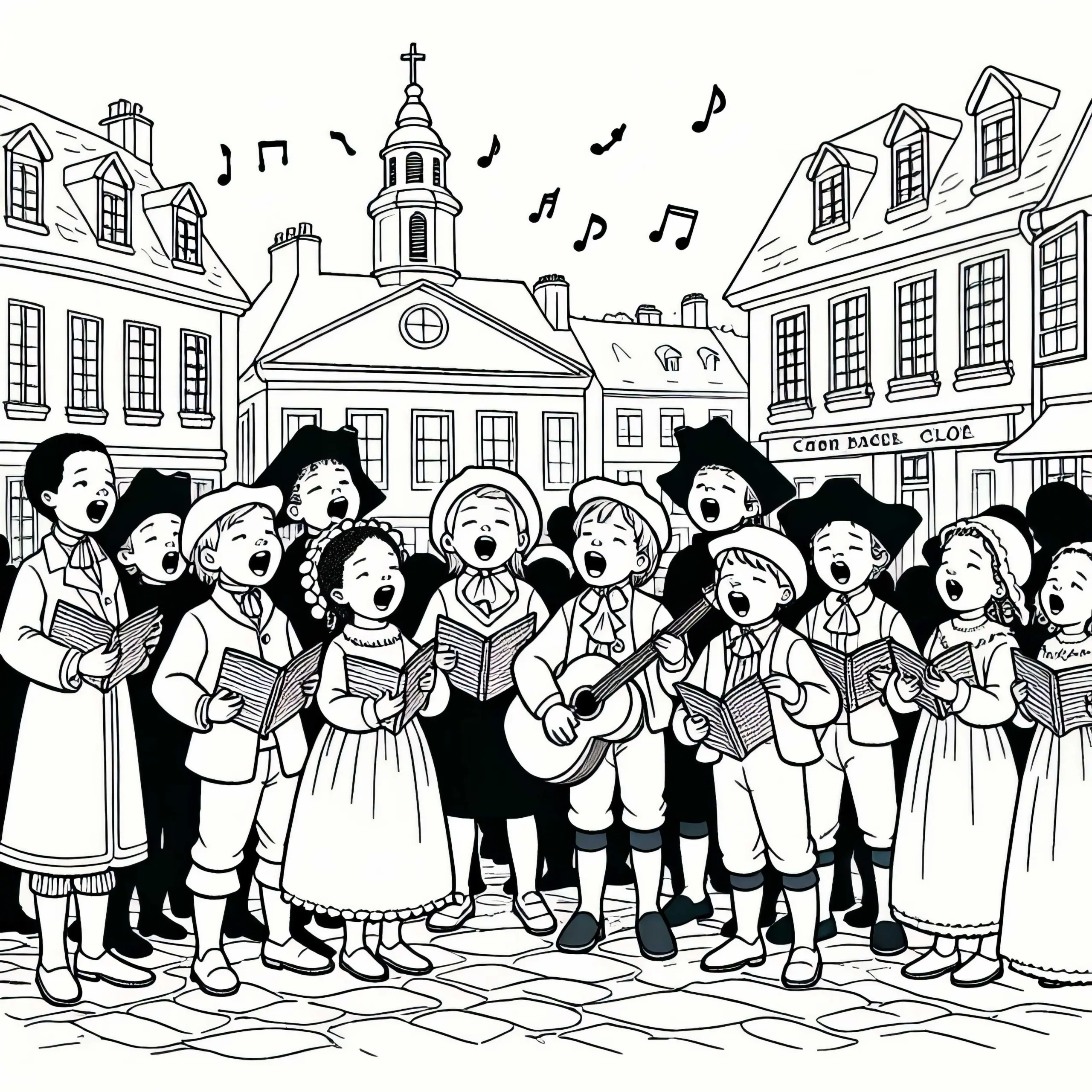 Kinder singen gemeinsam Volkslied auf dem Platz – Malvorlage Französische Revolution gratis (Ausmalbild)