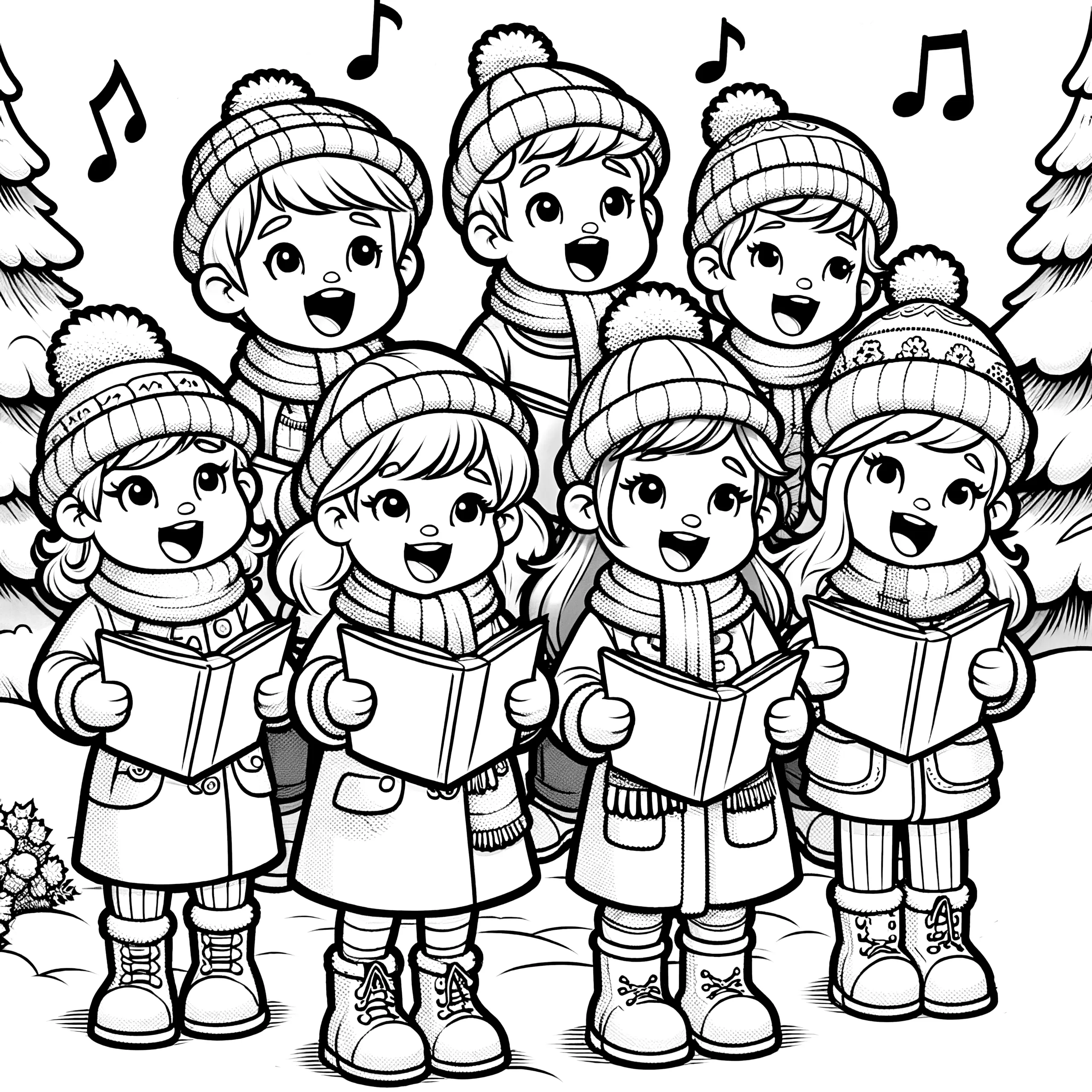 Kinder singen in Schneelandschaft: Weihnachtsbild zum Ausmalen (Ausmalbild)