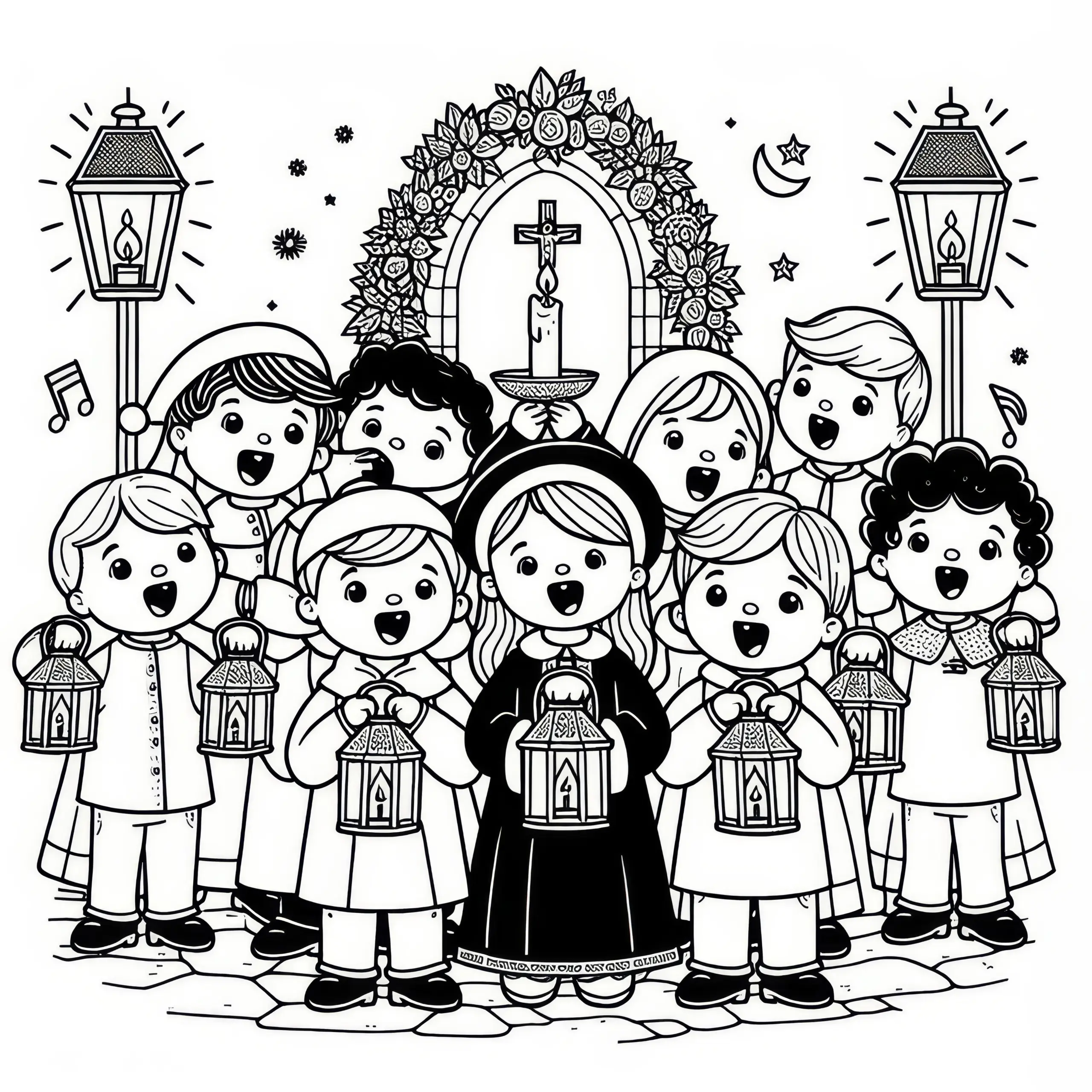 Kinder beim Singen mit Laternen am Martinsfest: Einfach Ausmalbild (Gratis)