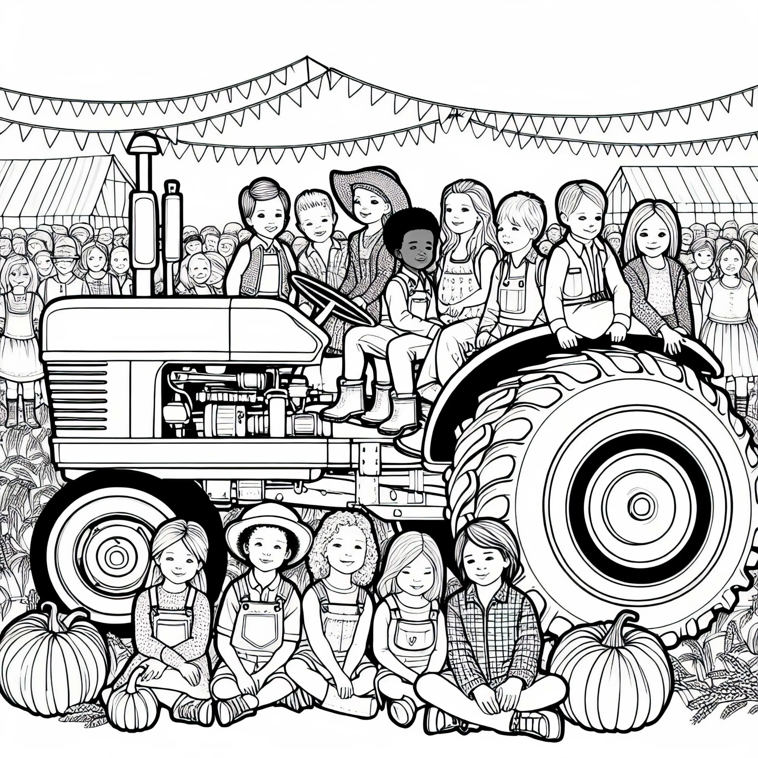 Kinder sitzen auf altem Traktor beim Bauernhoffest – Malvorlage kostenlos (Ausmalbild)