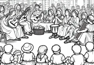 Kinder sitzen beim Straßenfest mit Musikanten – Malvorlage Römisches Reich kostenlos