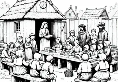 Kinder sitzen in provisorischer Schule – Ausmalbild zum Dreißigjährigen Krieg kostenlos herunterladen