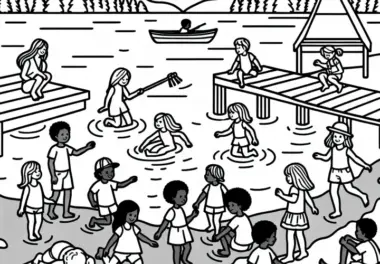 Kinder spielen am Seeufer – Ausmalbild kostenlos