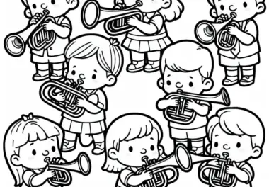 Kinder spielen auf Blechblasinstrumenten – Malvorlage kostenlos