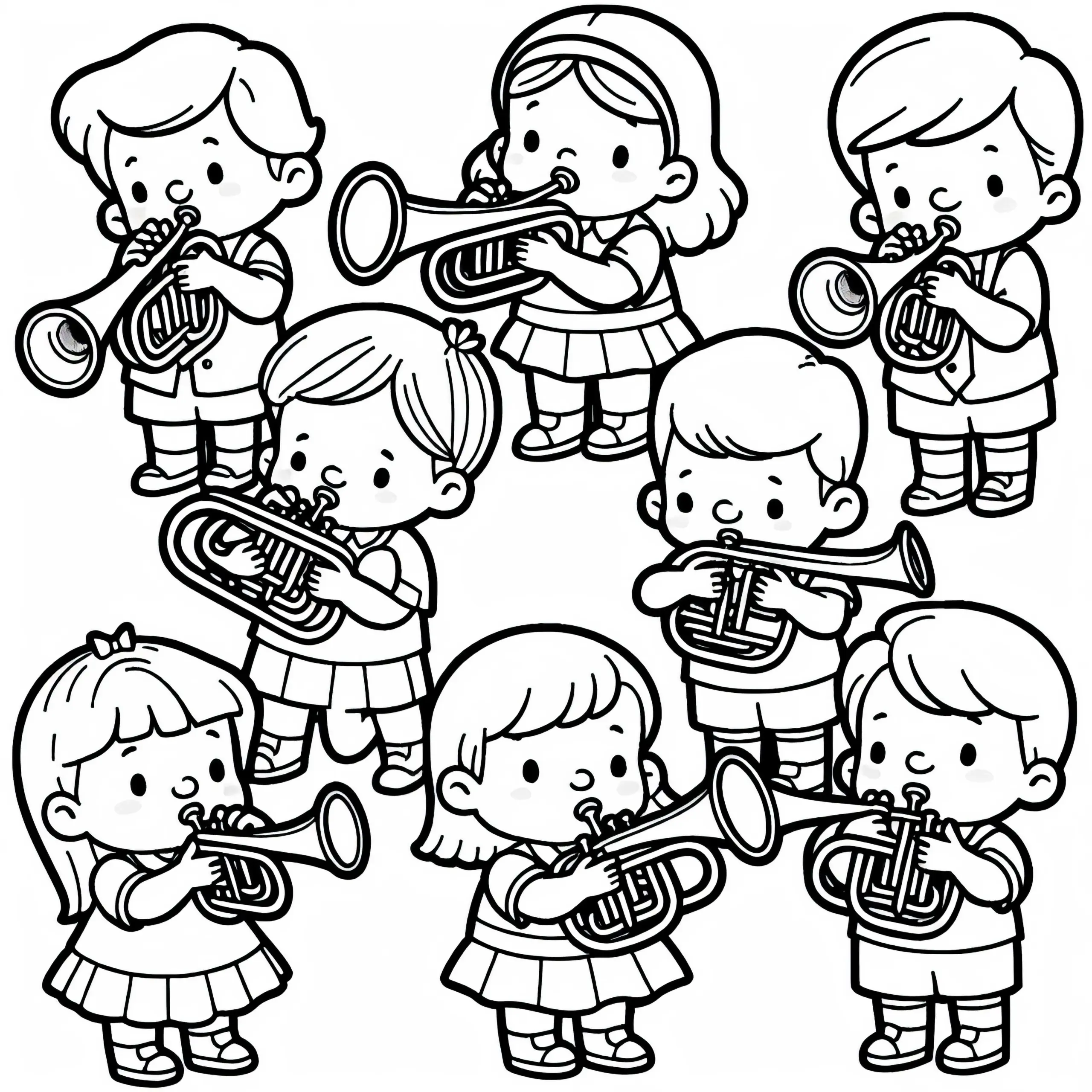 Kinder spielen auf Blechblasinstrumenten – Malvorlage kostenlos (Ausmalbild)