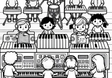 Kinder spielen auf elektronischen Instrumenten – Malvorlage gratis