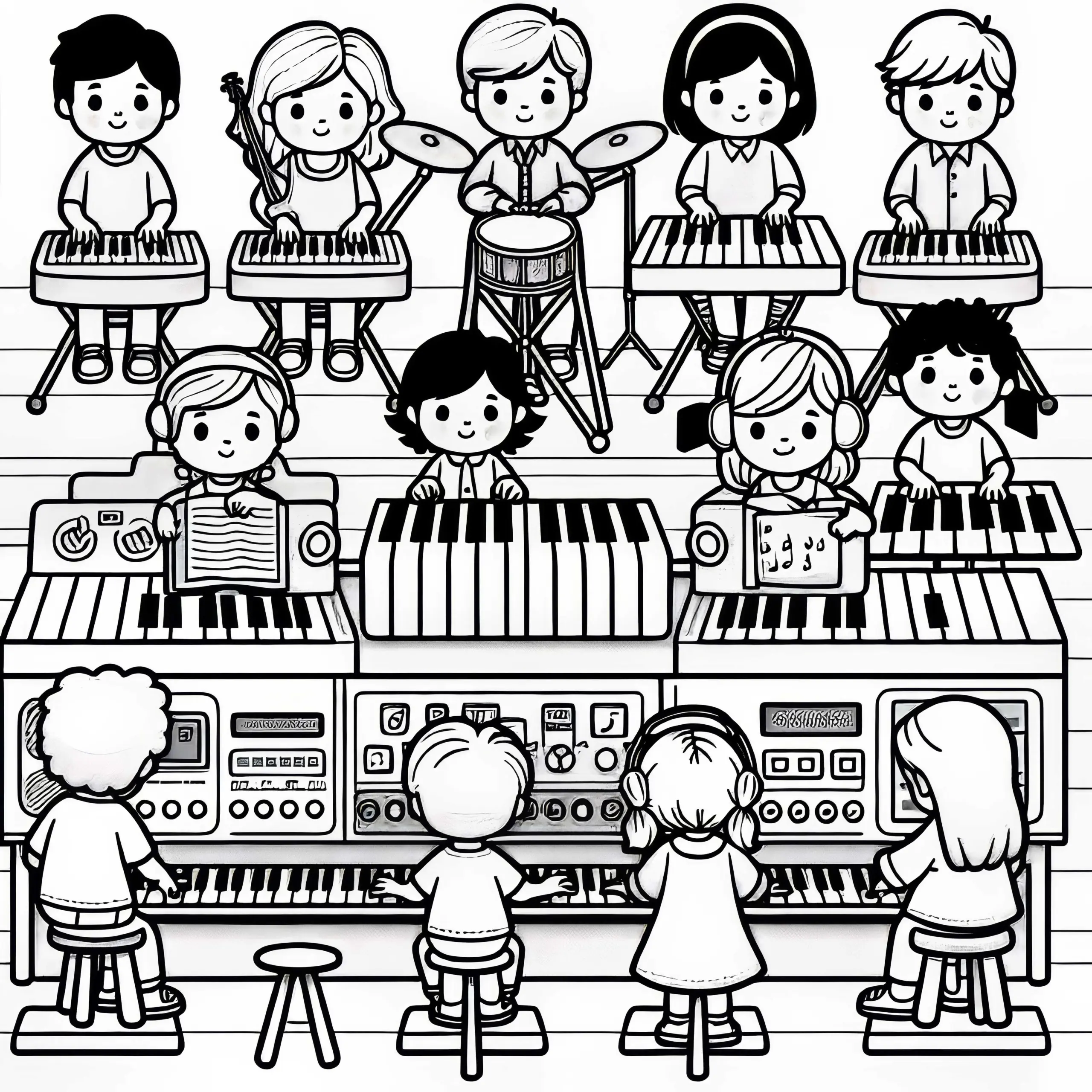 Kinder spielen auf elektronischen Instrumenten – Malvorlage gratis (Ausmalbild)
