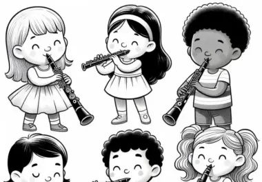 Kinder spielen auf Holzblasinstrumenten – Ausmalbild für kreative Köpfe