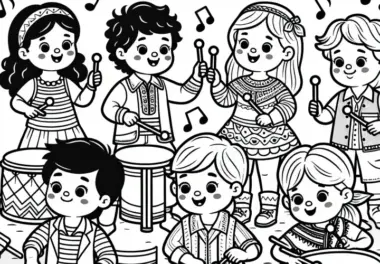 Kinder spielen auf Schlaginstrumenten – Malvorlage kostenlos