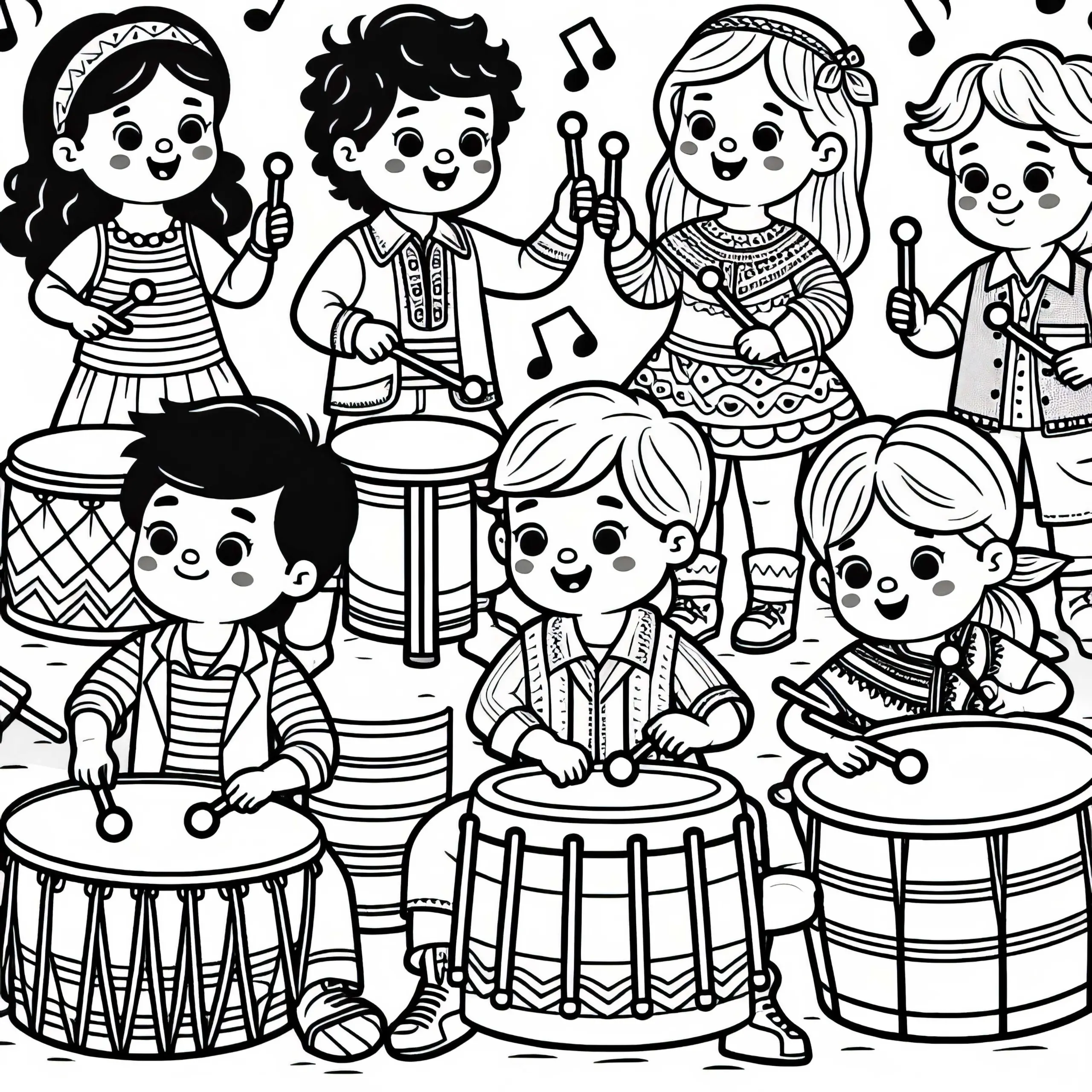 Kinder spielen auf Schlaginstrumenten – Malvorlage kostenlos (Ausmalbild)