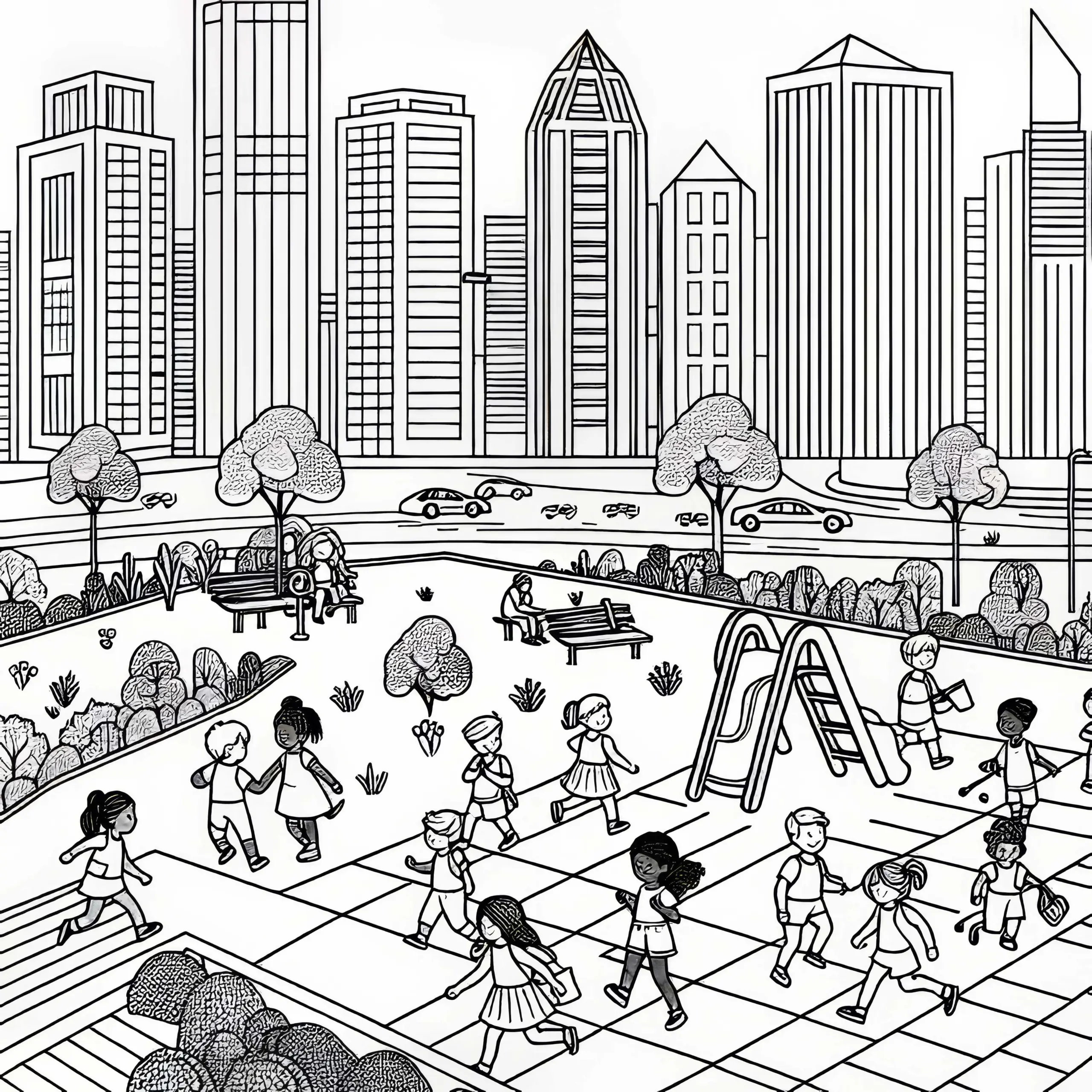 Kinder spielen auf Spielplatz in der Stadt: gratis Malvorlage (Ausmalbild)
