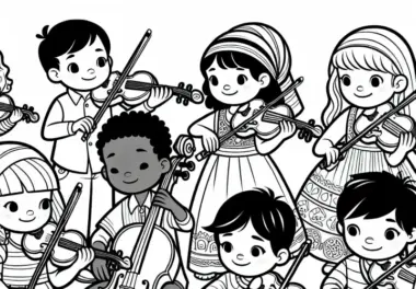 Kinder spielen auf Streichinstrumenten – Ausmalbild kostenlos