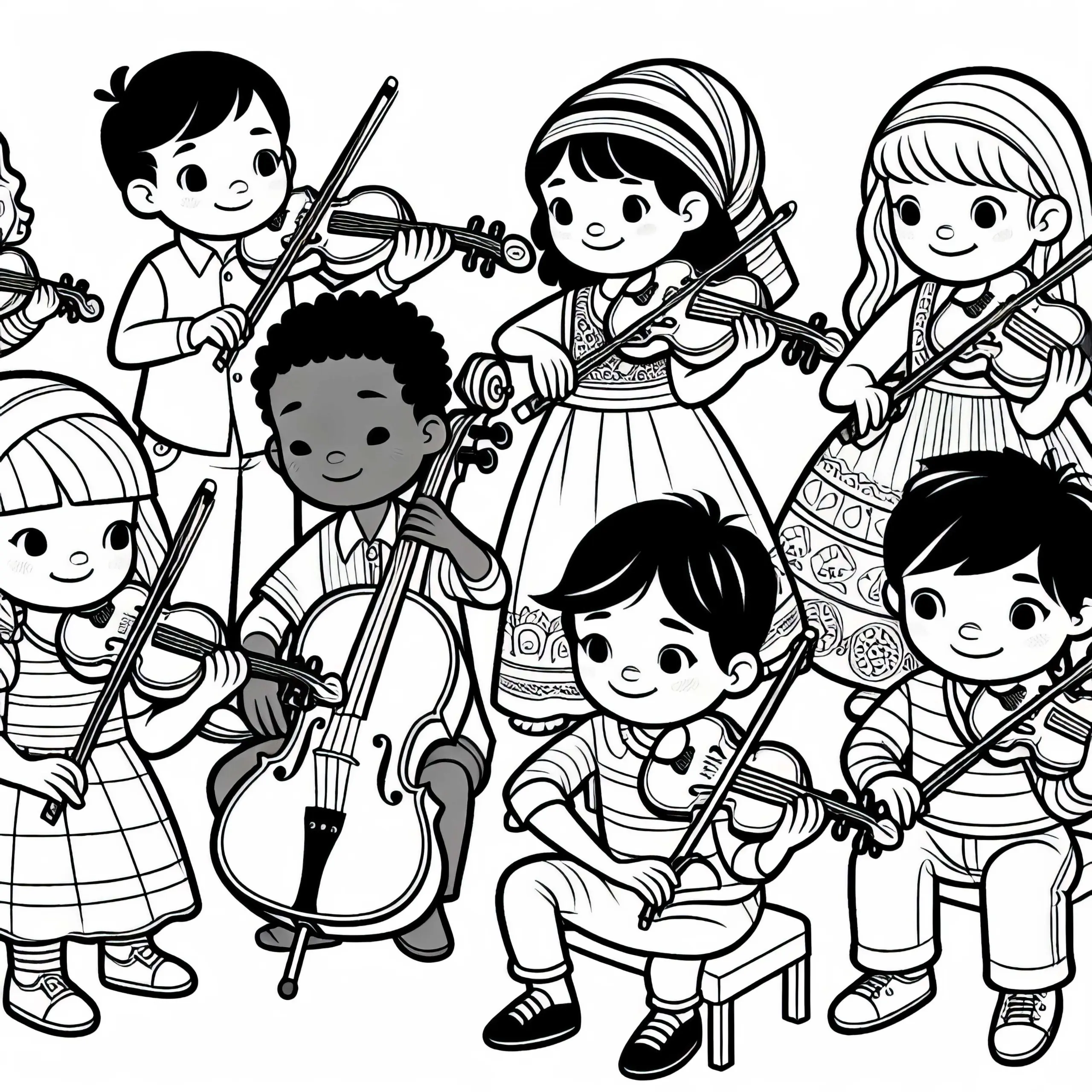 Kinder spielen auf Streichinstrumenten – Ausmalbild kostenlos