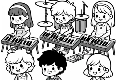 Kinder spielen auf Tasteninstrumenten – Malvorlage kostenlos herunterladen