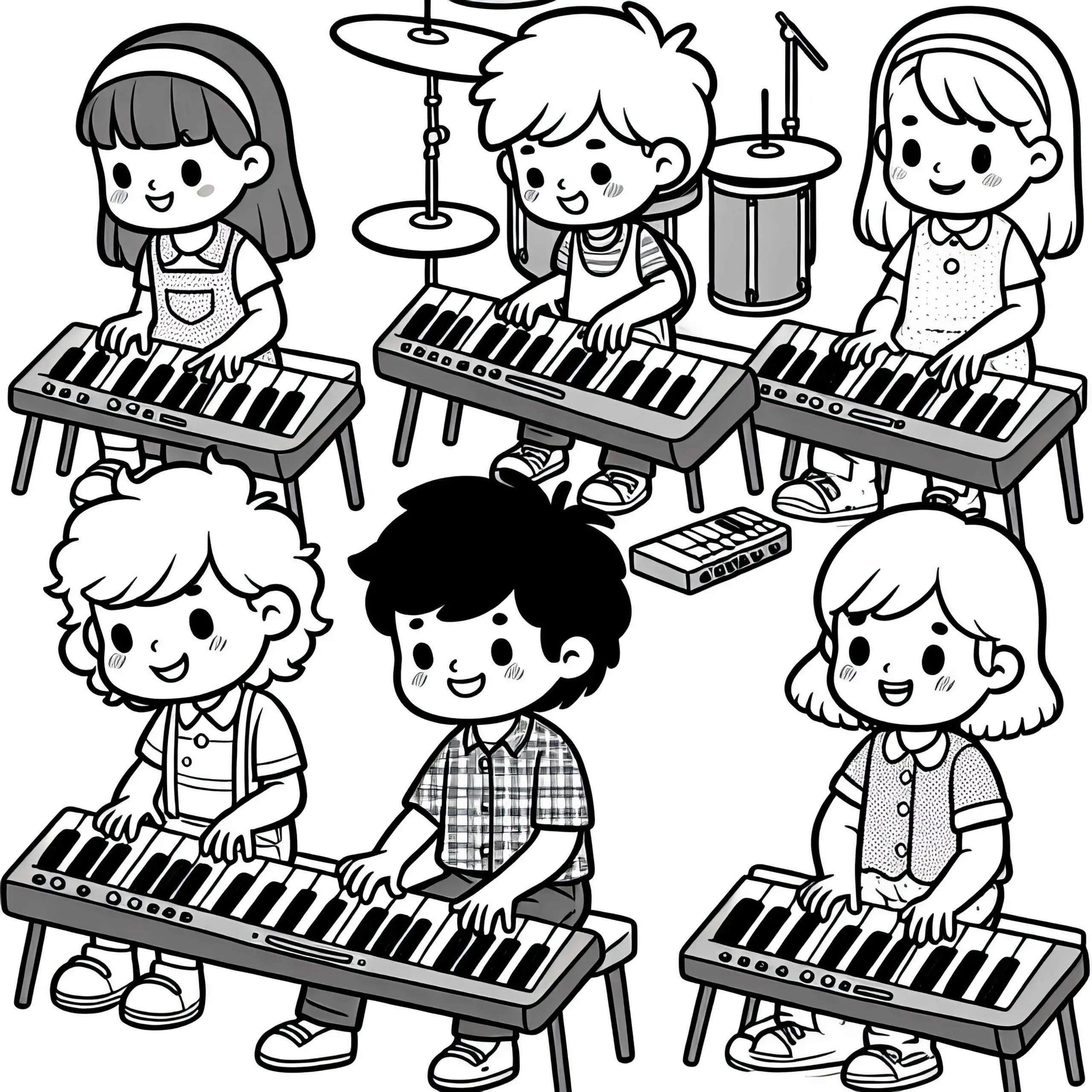 Kinder spielen auf Tasteninstrumenten – Malvorlage kostenlos herunterladen (Ausmalbild)
